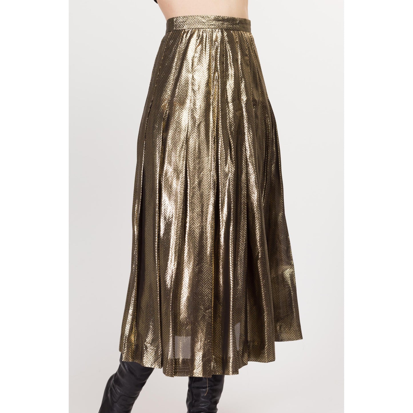 XS 80s Metallic Gold Pleated Midi Skirt 24.5" | Vintage High Waisted Chevron Striped Glam Skirt