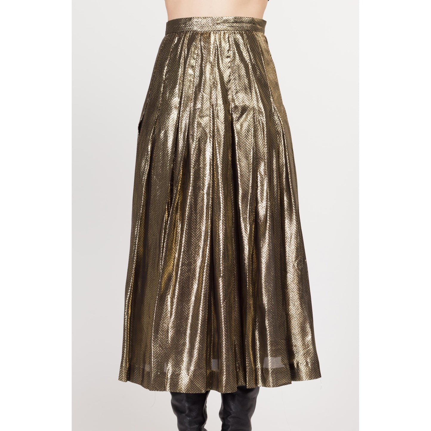 XS 80s Metallic Gold Pleated Midi Skirt 24.5" | Vintage High Waisted Chevron Striped Glam Skirt