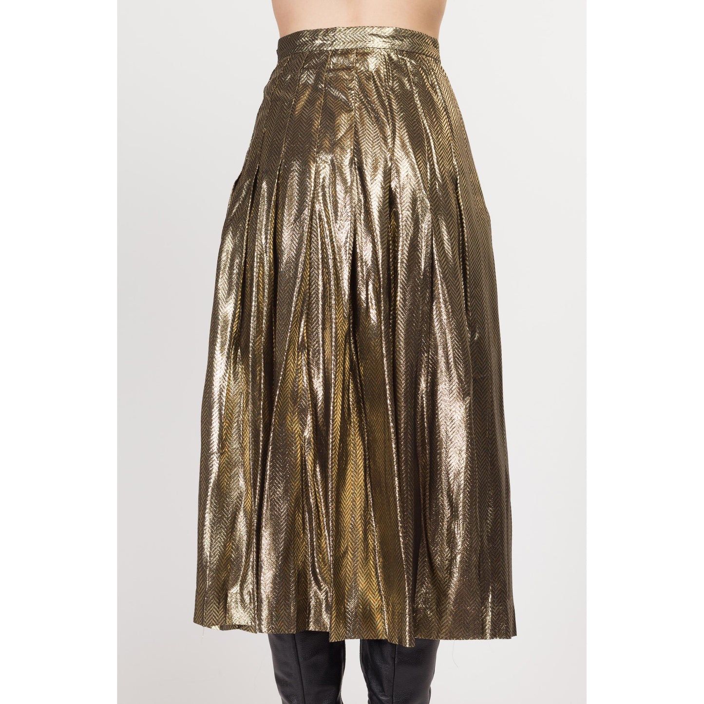 XS 80s Metallic Gold Pleated Midi Skirt 24.5" | Vintage High Waisted Chevron Striped Glam Skirt