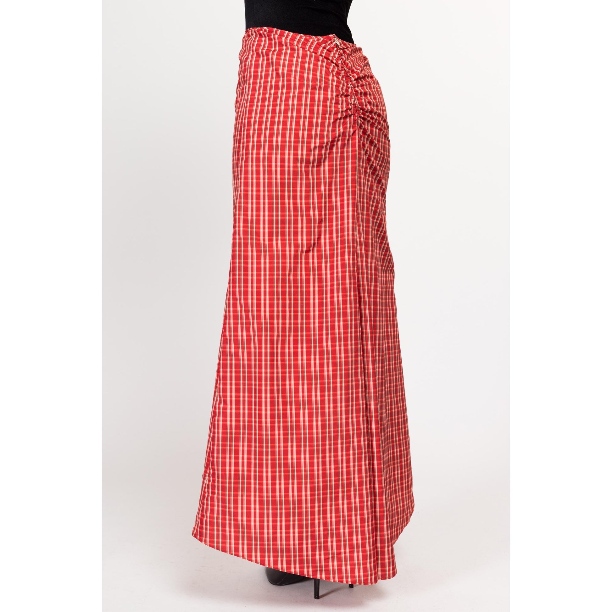 Small 90s BCBG Max Azria Red Taffeta Bustle Maxi Skirt | Vintage Mid Rise A Line Holiday Party Hostess Skirt