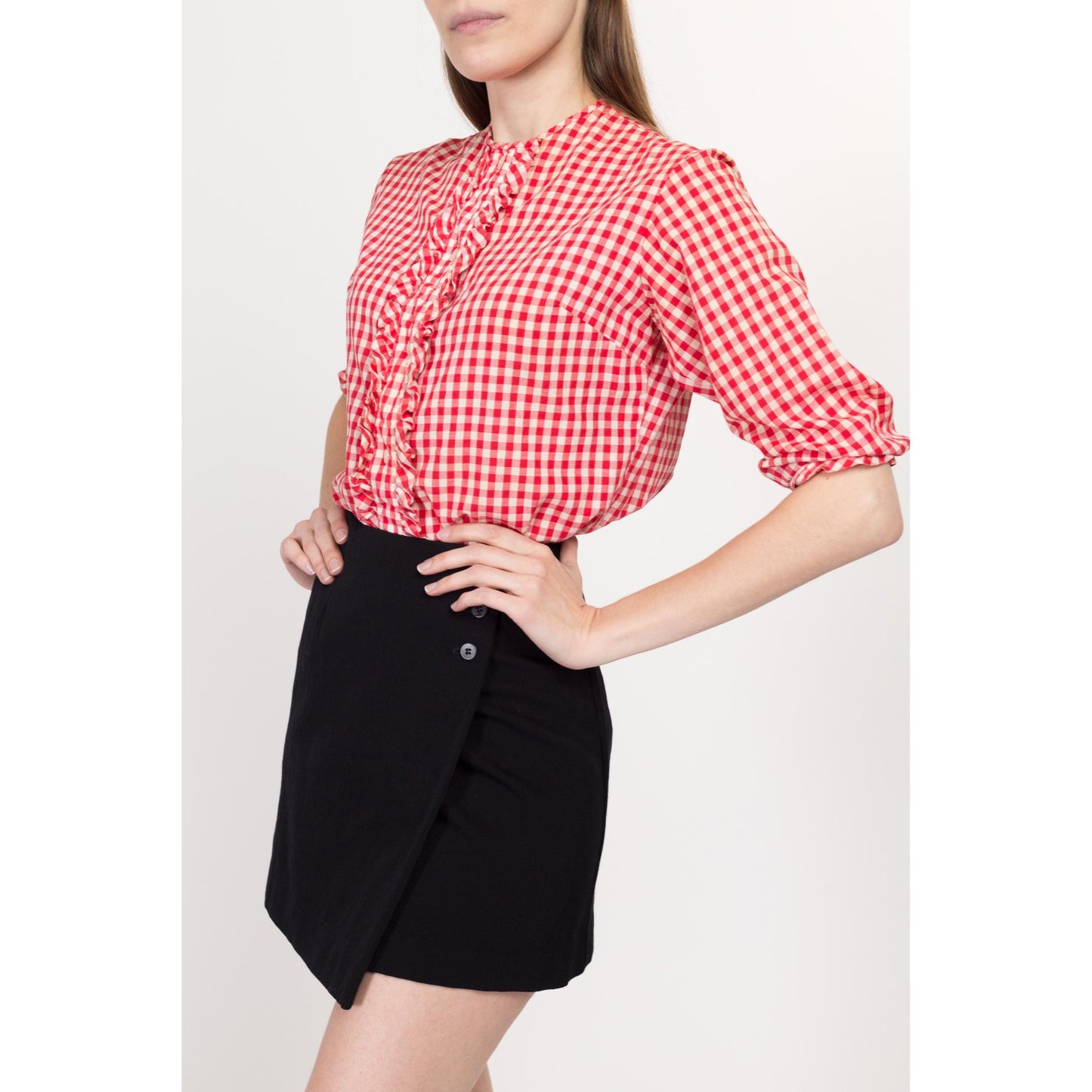 XS 1950s Red & White Gingham Ruffle Blouse | Vintage 50s Button Up Half Sleeve Retro Rockabilly Top