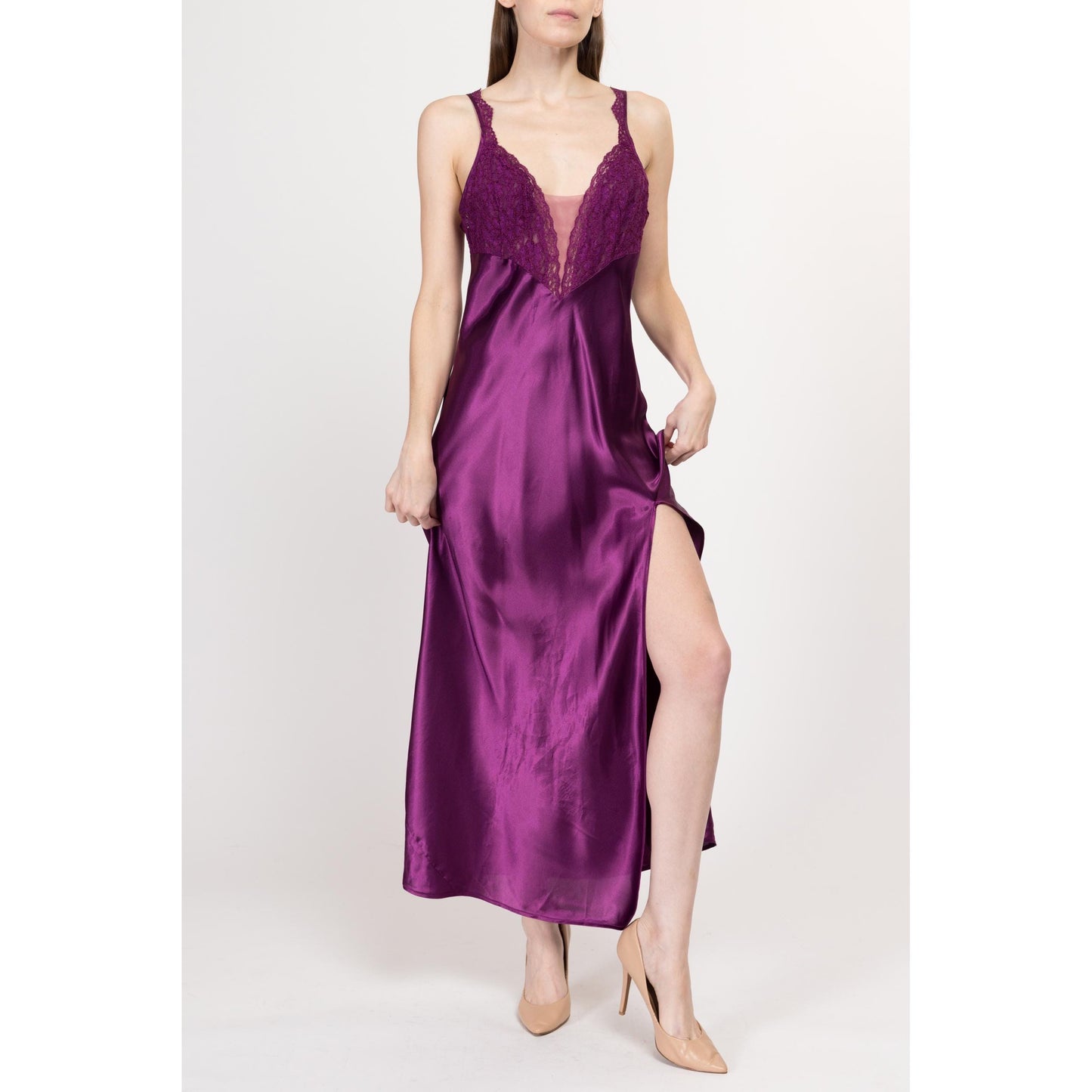 Medium 90s Victoria's Secret Purple Satin Nightgown | Vintage Skirt Slit Sheer Lace Trim Negligee Nightie Maxi Slip Dress