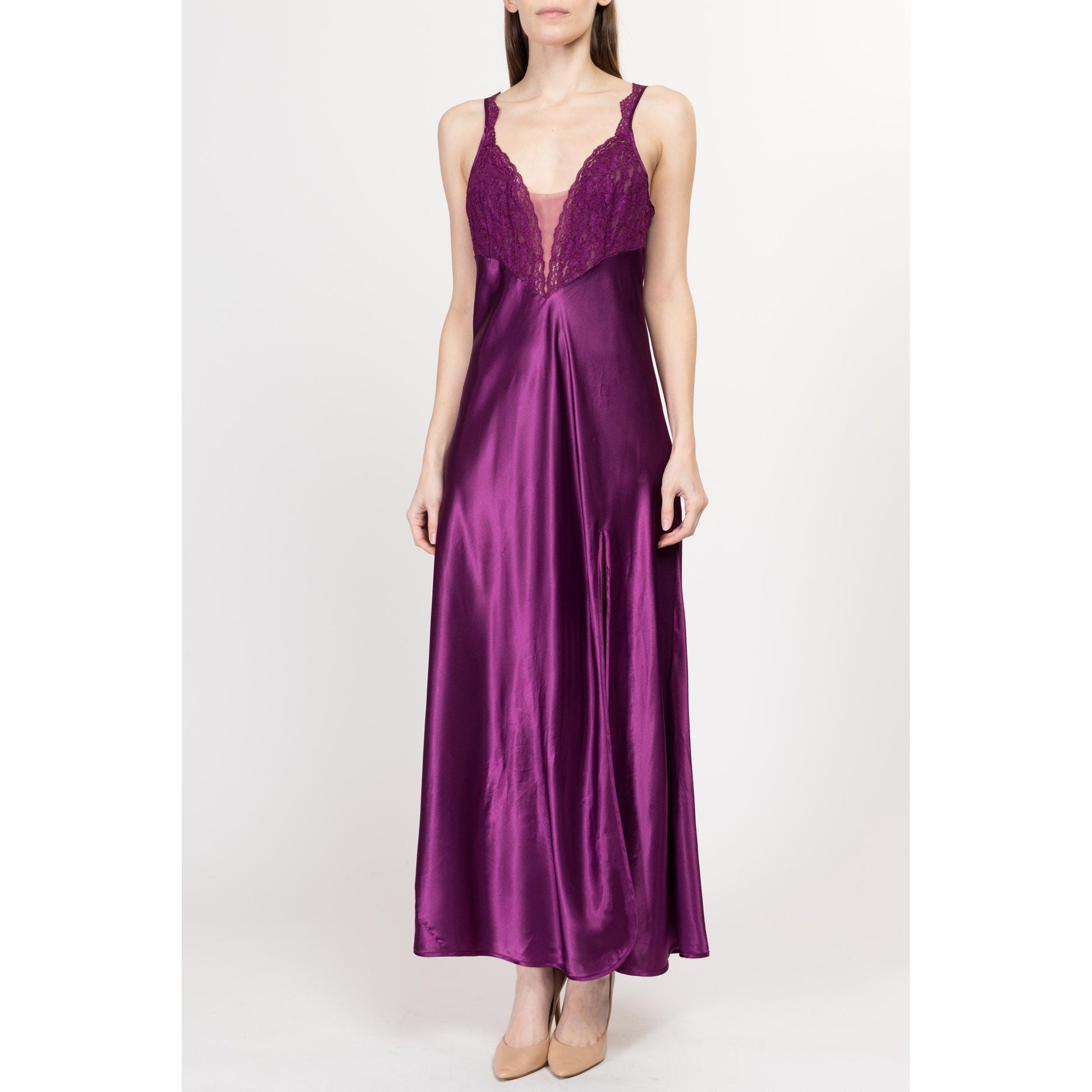 Medium 90s Victoria's Secret Purple Satin Nightgown | Vintage Skirt Slit Sheer Lace Trim Negligee Nightie Maxi Slip Dress