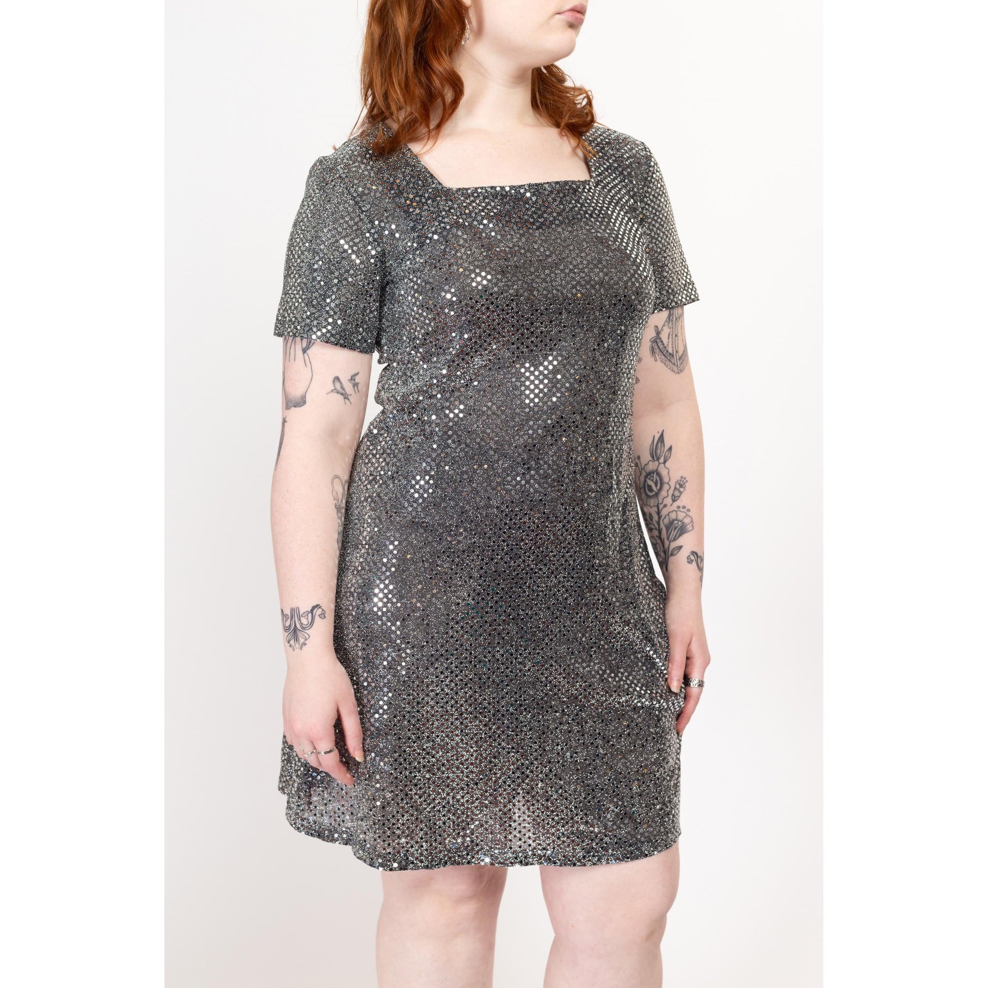 Large 90s Silver Mirror Ball Mini Party Dress | Vintage Short Sleeve Square Neck Disco Club Dress