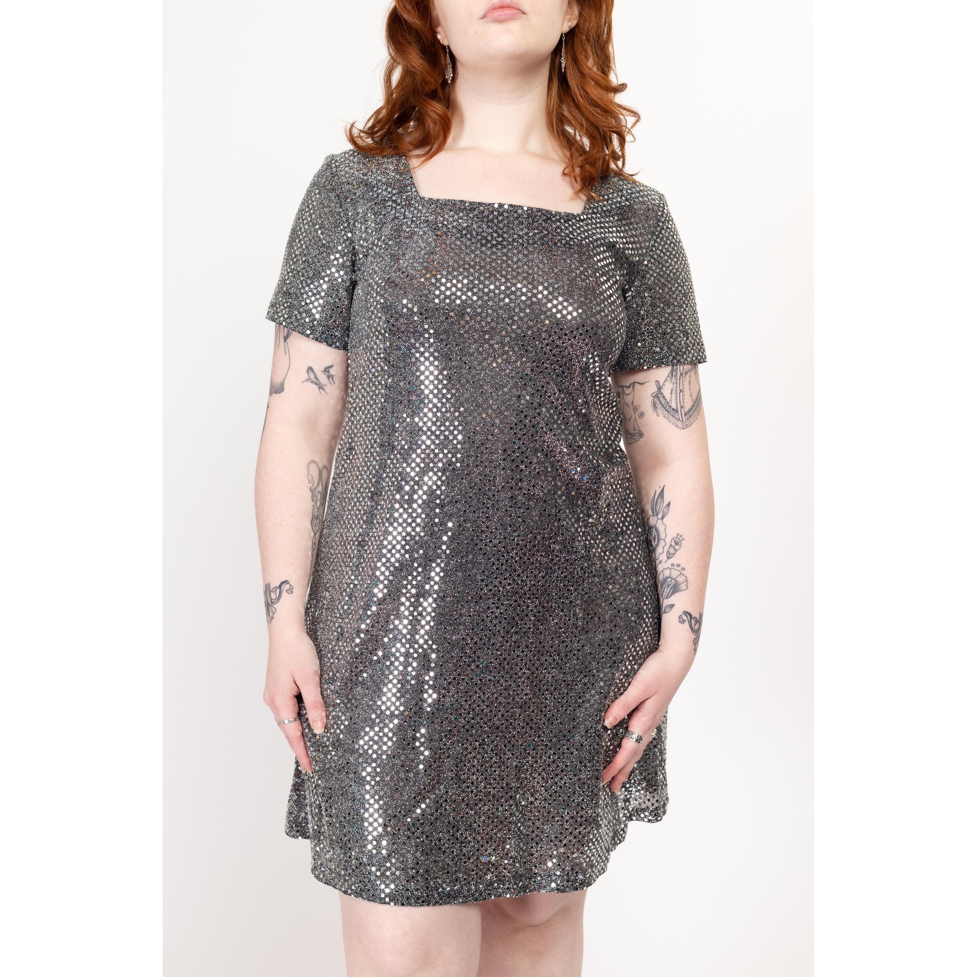 Large 90s Silver Mirror Ball Mini Party Dress | Vintage Short Sleeve Square Neck Disco Club Dress