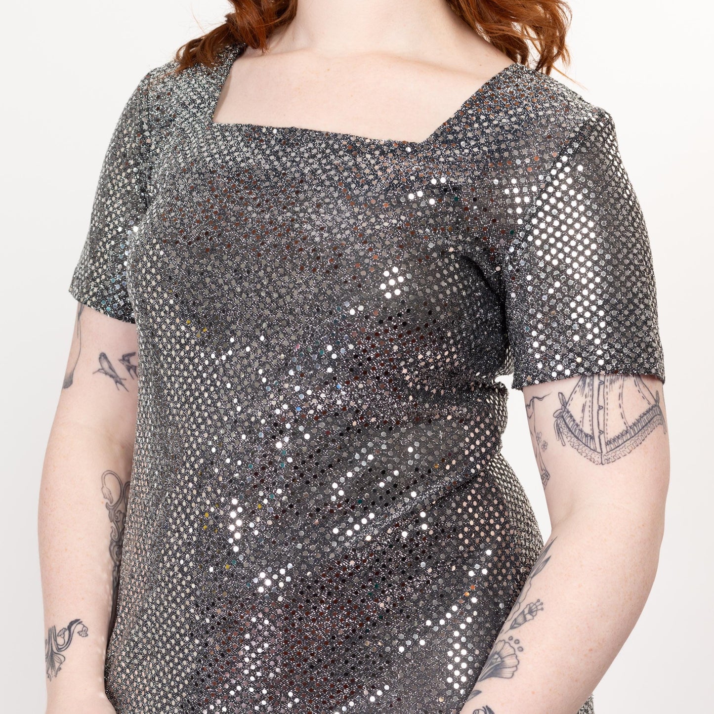 Large 90s Silver Mirror Ball Mini Party Dress | Vintage Short Sleeve Square Neck Disco Club Dress