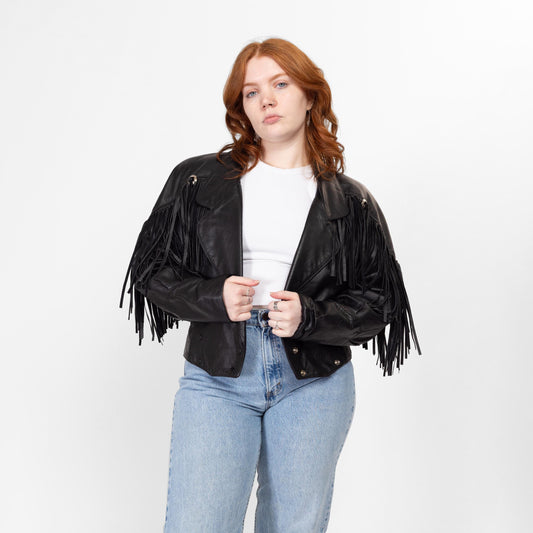 Medium 80s Black Leather Fringe Crop Jacket | Vintage Women's G-III Western Cropped Motorcycle Biker Coat