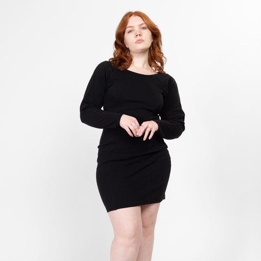 Med-Lrg 90s Express Black Knit Mini Bodycon Dress | Vintage Minimalist Stretchy Long Sleeve Cocktail Sweater Dress