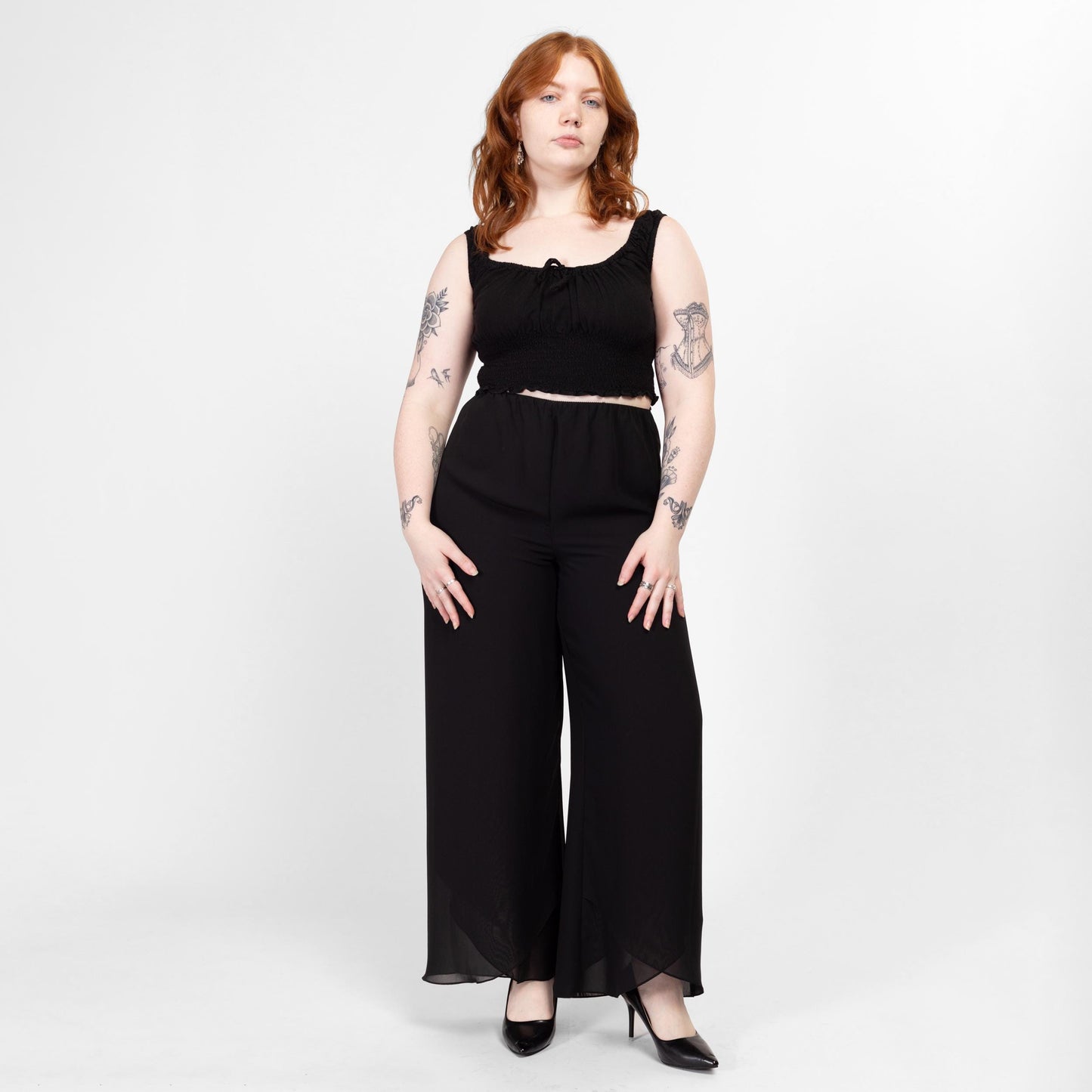 Large 90s Black Chiffon Flowy Wide Leg Pants 28"-32" | Vintage Minimalist Sheer Layered High Waisted Trousers