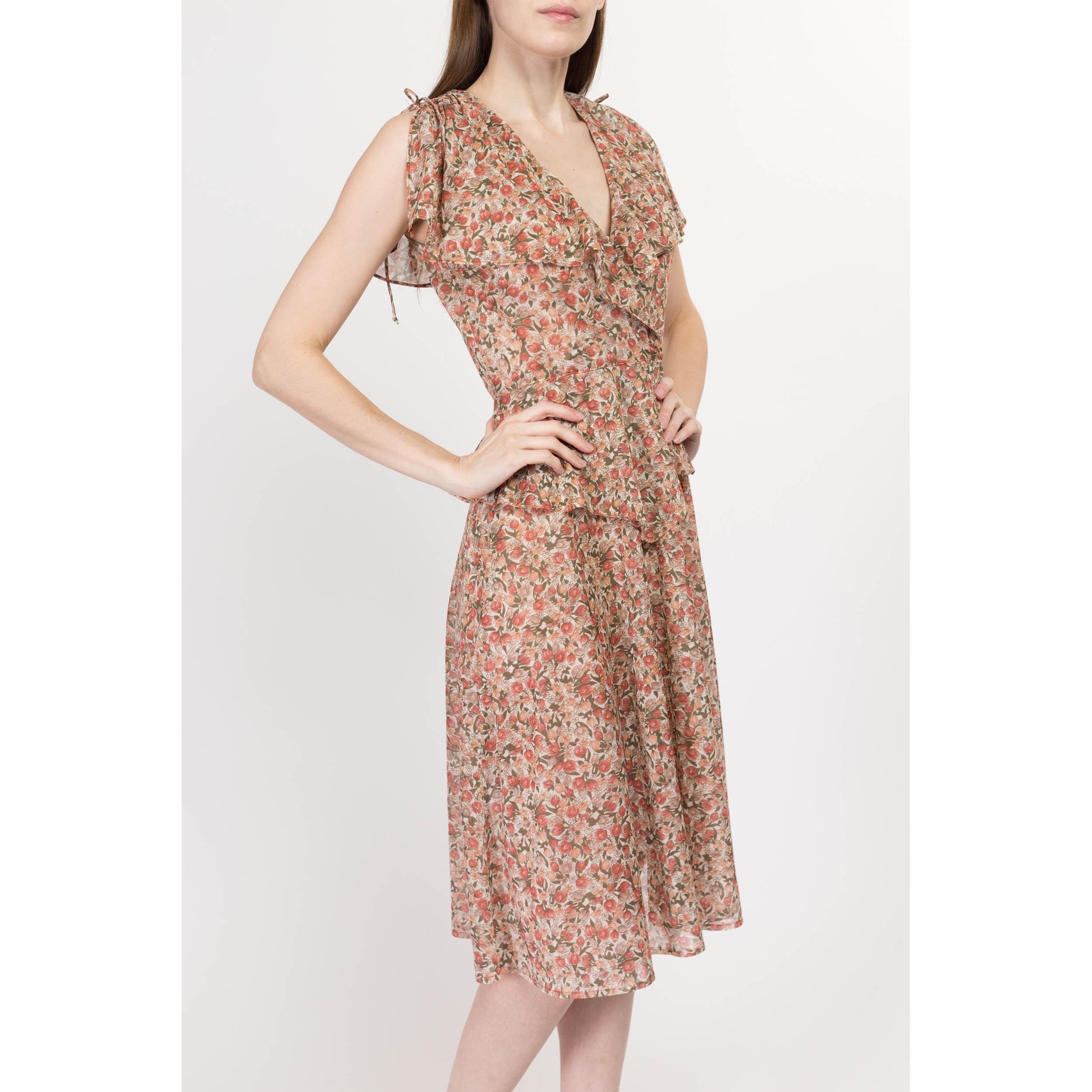 XS 70s Does 30s Sheer Floral Peplum Midi Dress | Boho Vintage Flutter Sleeve Ruffle Collar Dress