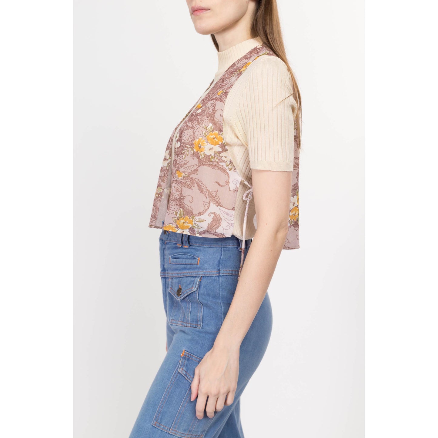 Sm-Med 70s Sheer Mauve Floral Crop Top | Vintage Boho Sleeveless Side Tie Open Front Cropped Blouse