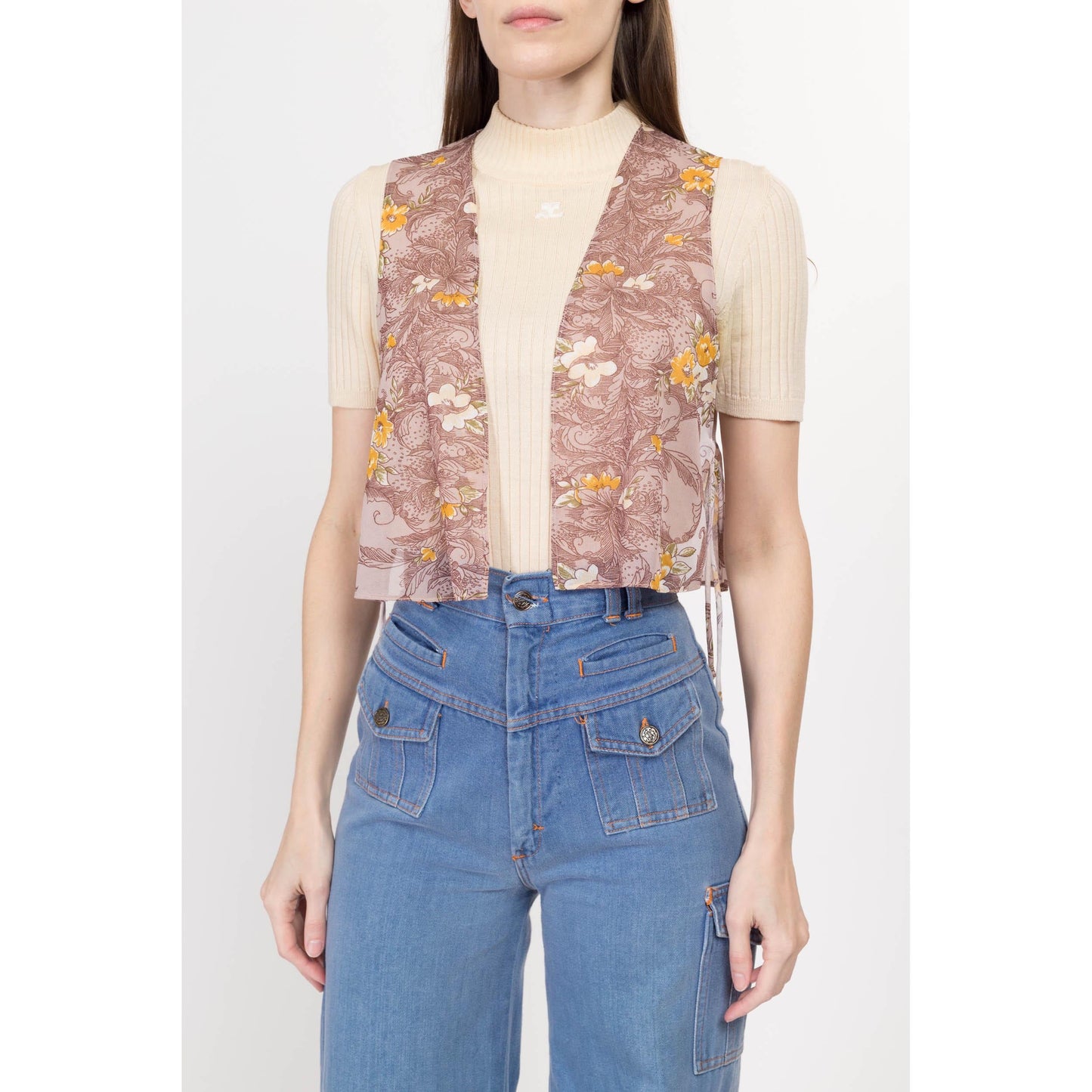 Sm-Med 70s Sheer Mauve Floral Crop Top | Vintage Boho Sleeveless Side Tie Open Front Cropped Blouse