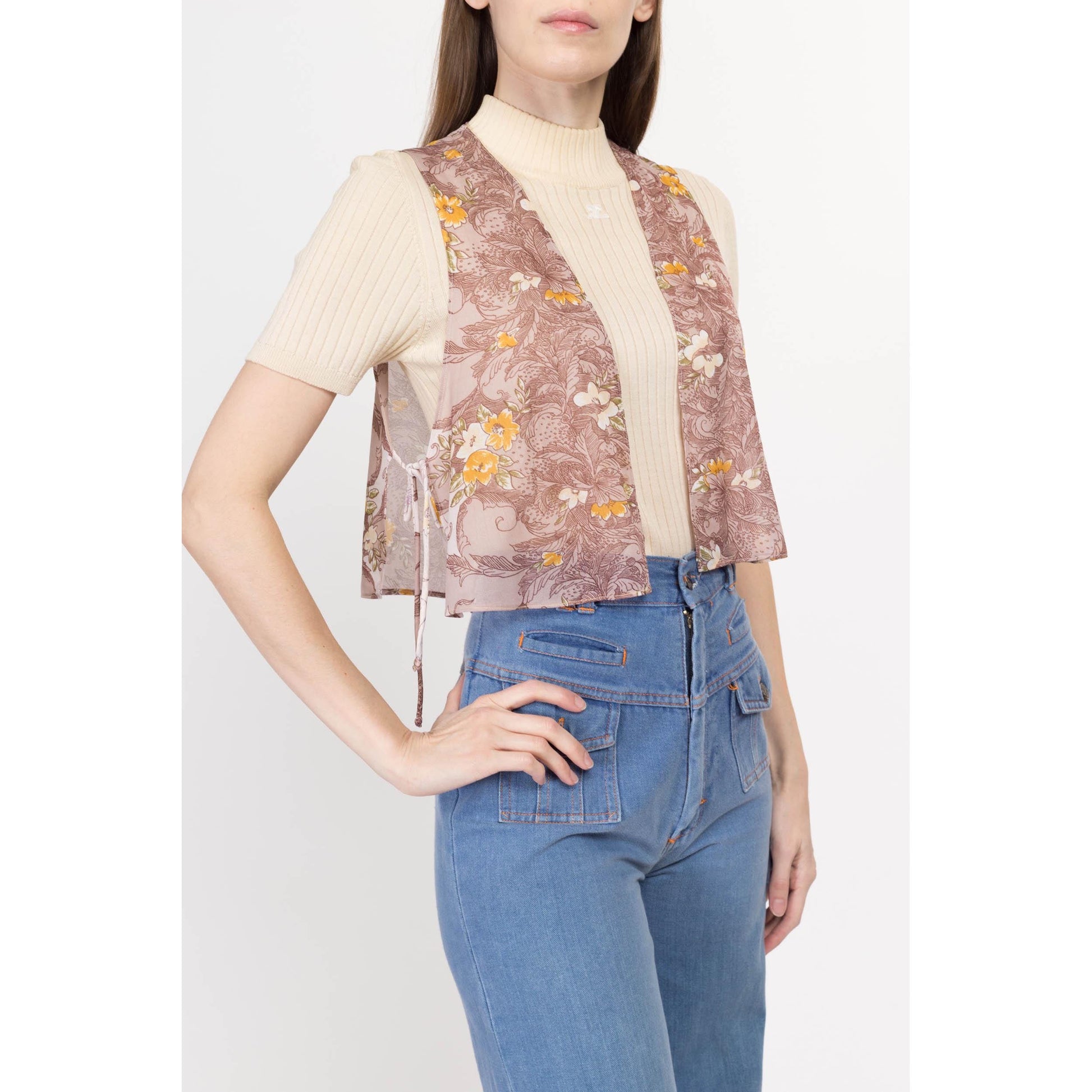 Sm-Med 70s Sheer Mauve Floral Crop Top | Vintage Boho Sleeveless Side Tie Open Front Cropped Blouse