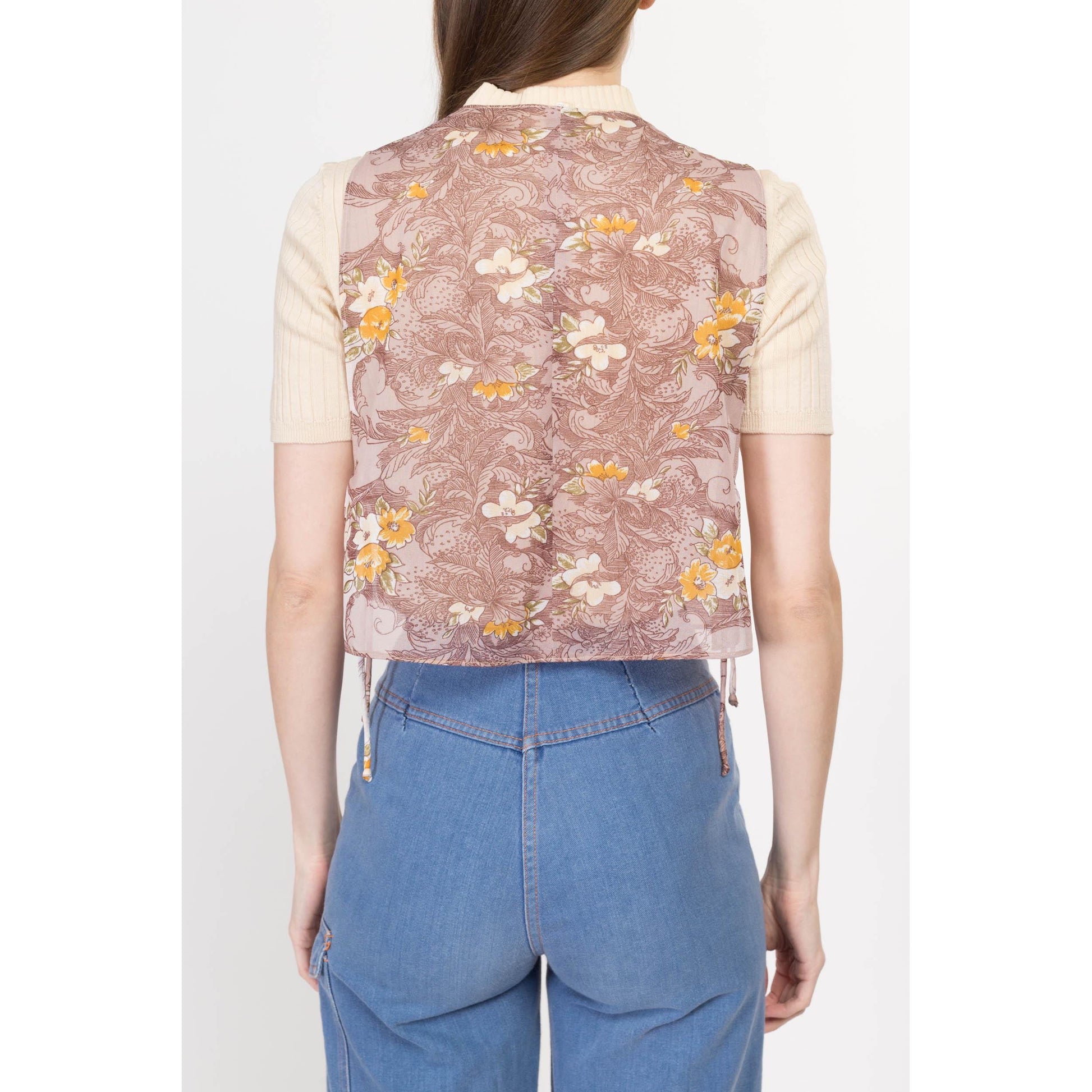 Sm-Med 70s Sheer Mauve Floral Crop Top | Vintage Boho Sleeveless Side Tie Open Front Cropped Blouse