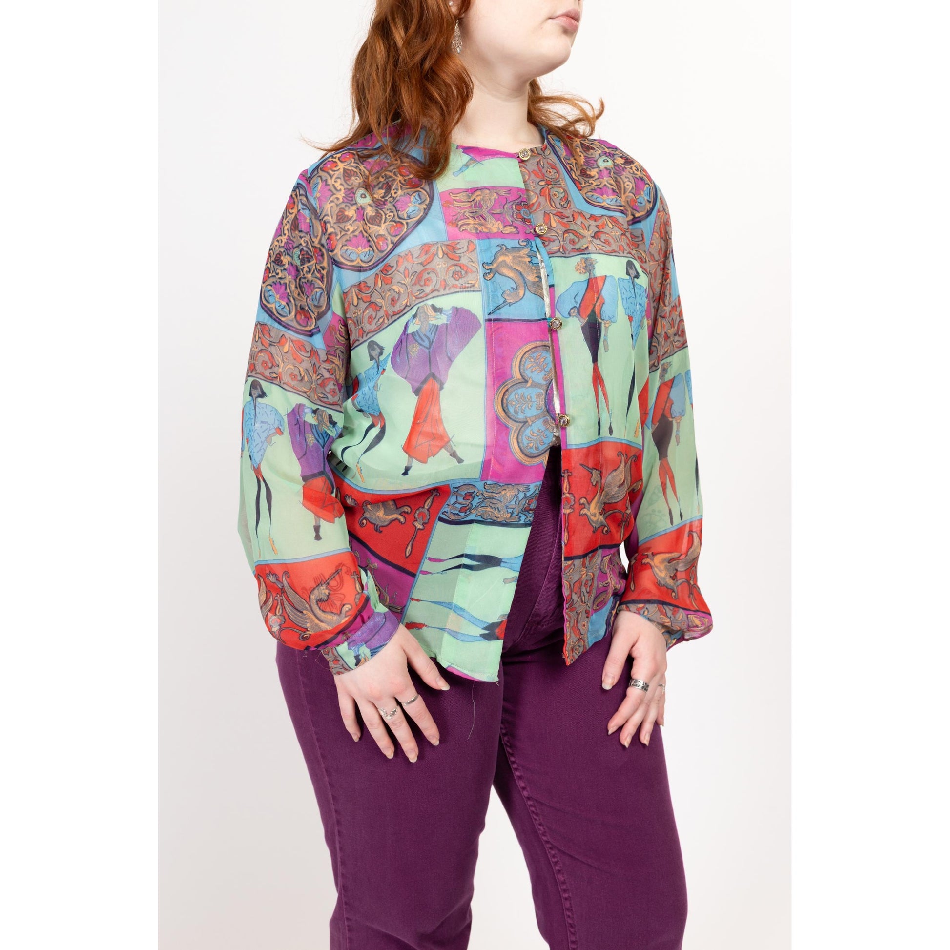 XL 90s Sheer Novelty Glam Women Print Blouse | Vintage Baroque Long Sleeve Button Up Top