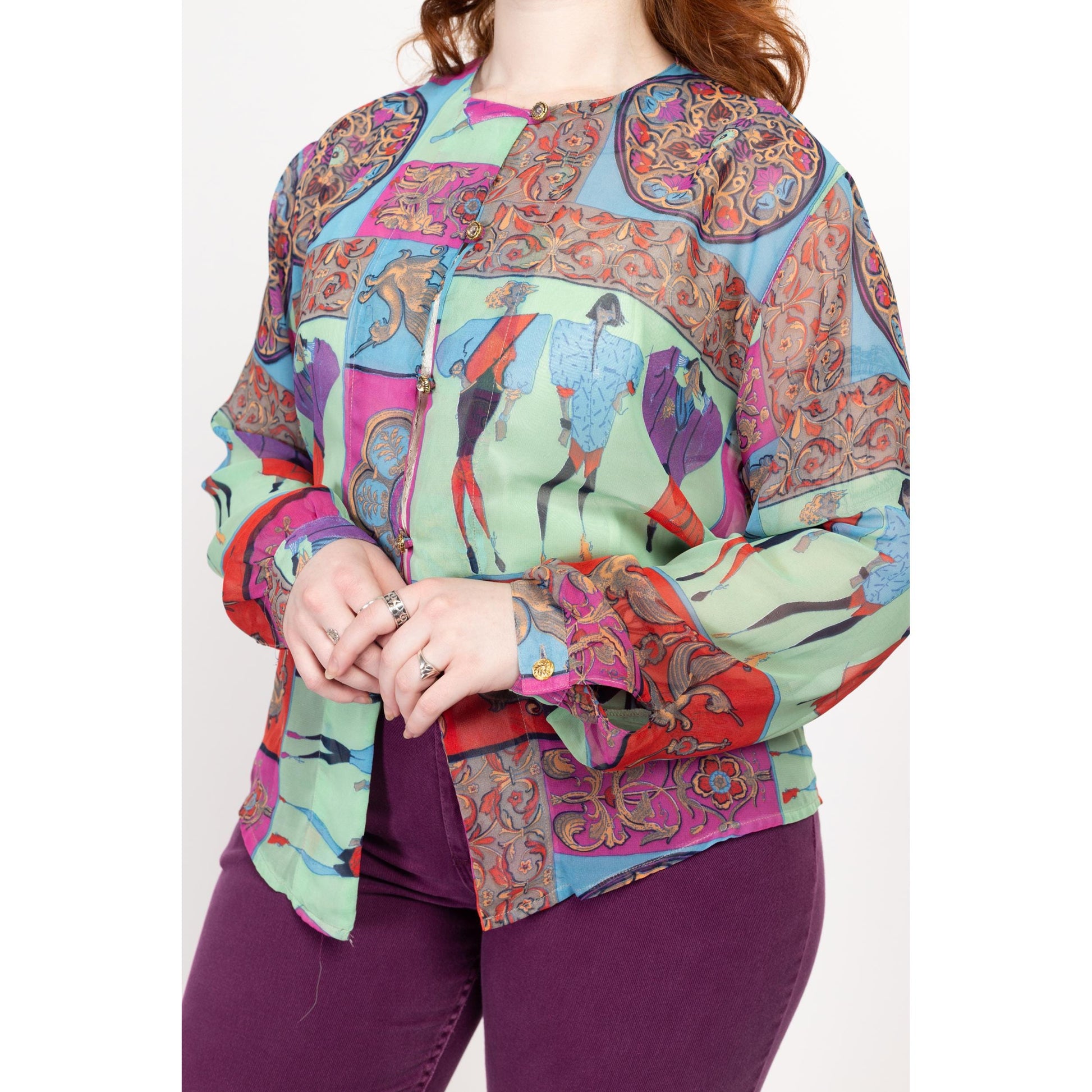 XL 90s Sheer Novelty Glam Women Print Blouse | Vintage Baroque Long Sleeve Button Up Top