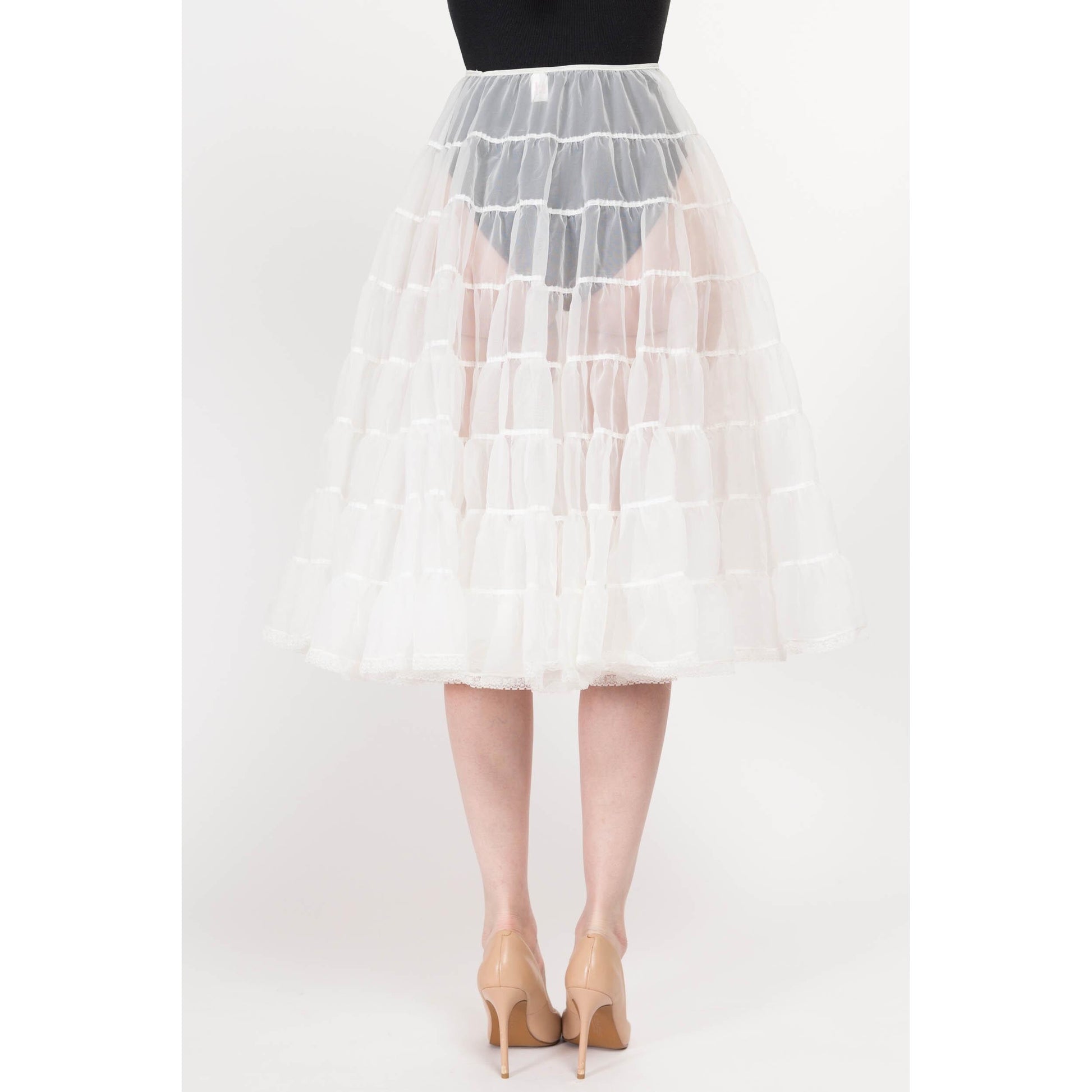 Sm-Med 70s Sheer White Crinoline Petticoat | Vintage Blue Satin Bow Costume Tiered Midi Skirt