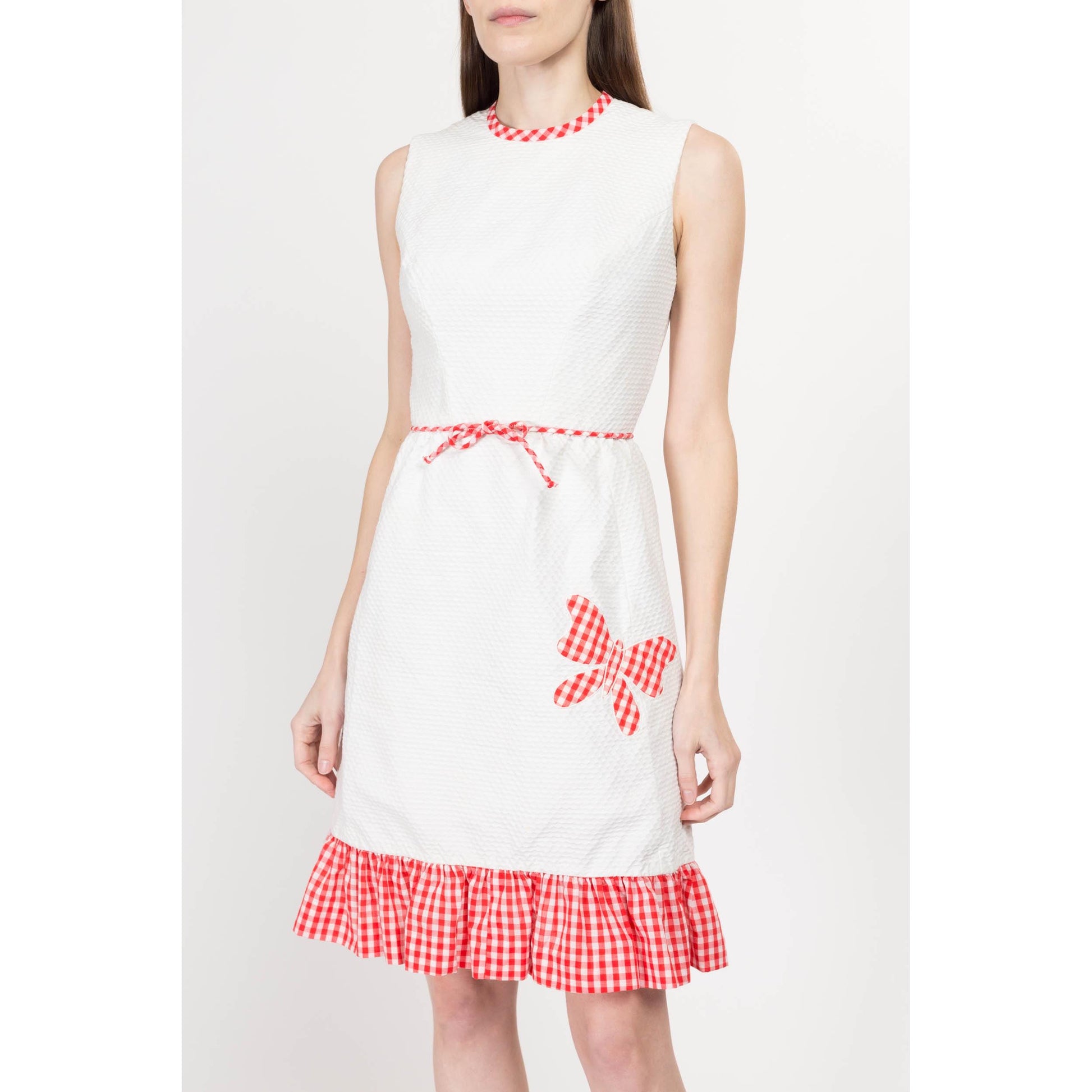 XS 60s White & Red Gingham Butterfly Mini Dress | Retro Vintage A Line Girly Ruffle Trim Dress