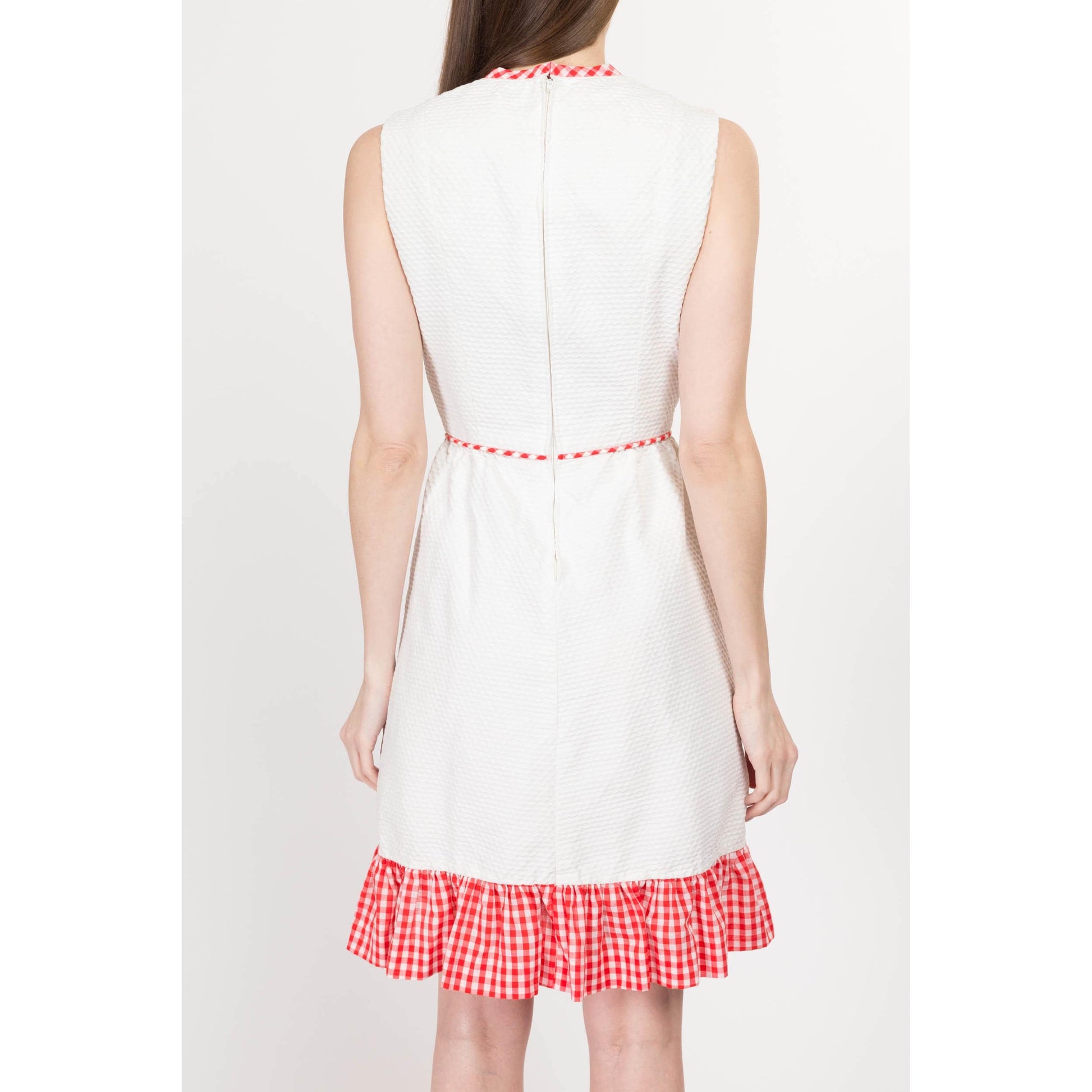 XS 60s White & Red Gingham Butterfly Mini Dress | Retro Vintage A Line Girly Ruffle Trim Dress