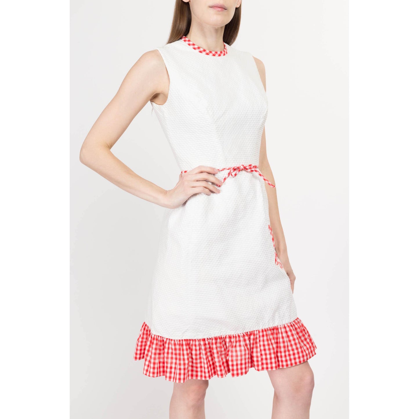 XS 60s White & Red Gingham Butterfly Mini Dress | Retro Vintage A Line Girly Ruffle Trim Dress