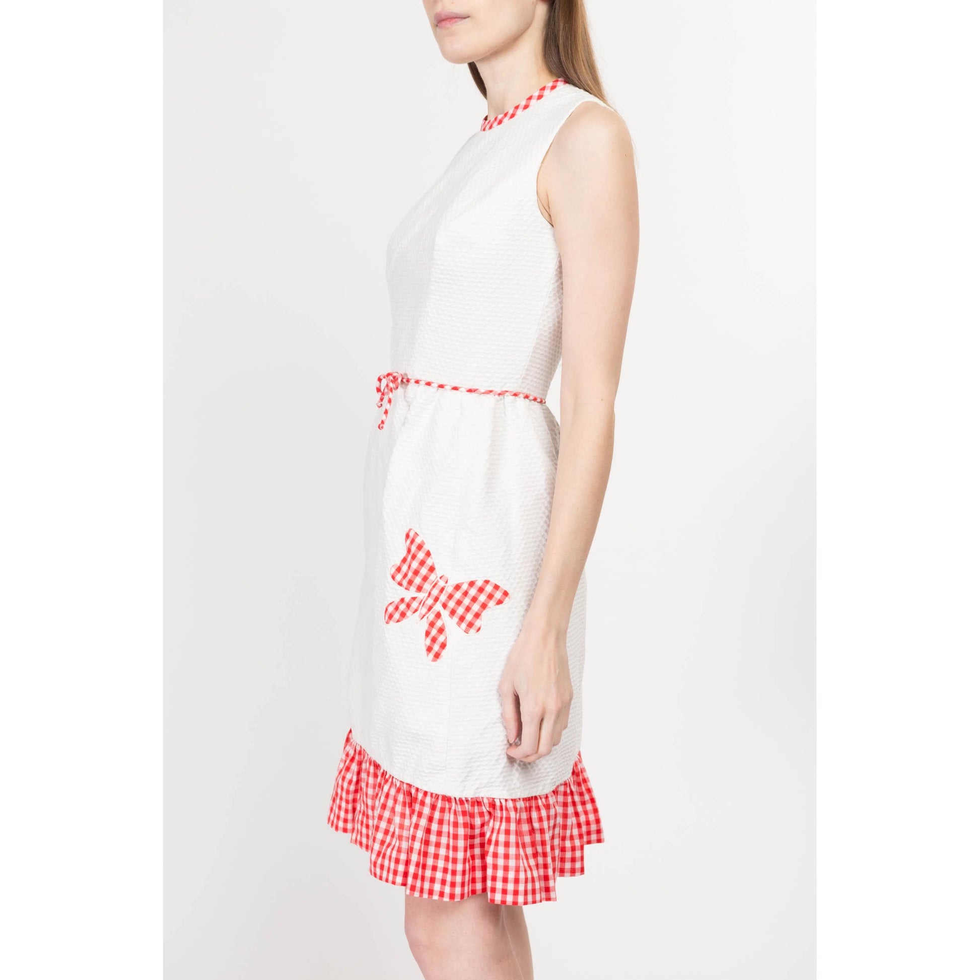 XS 60s White & Red Gingham Butterfly Mini Dress | Retro Vintage A Line Girly Ruffle Trim Dress