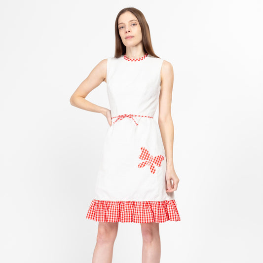 XS 60s White & Red Gingham Butterfly Mini Dress | Retro Vintage A Line Girly Ruffle Trim Dress