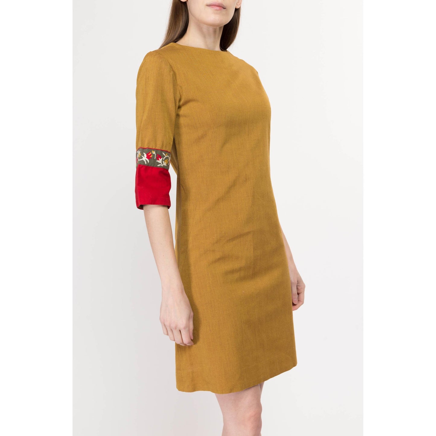 XS 60s Ochre Bell Sleeve Hippie Mini Dress | Boho Vintage Half Sleeve Shift Dress