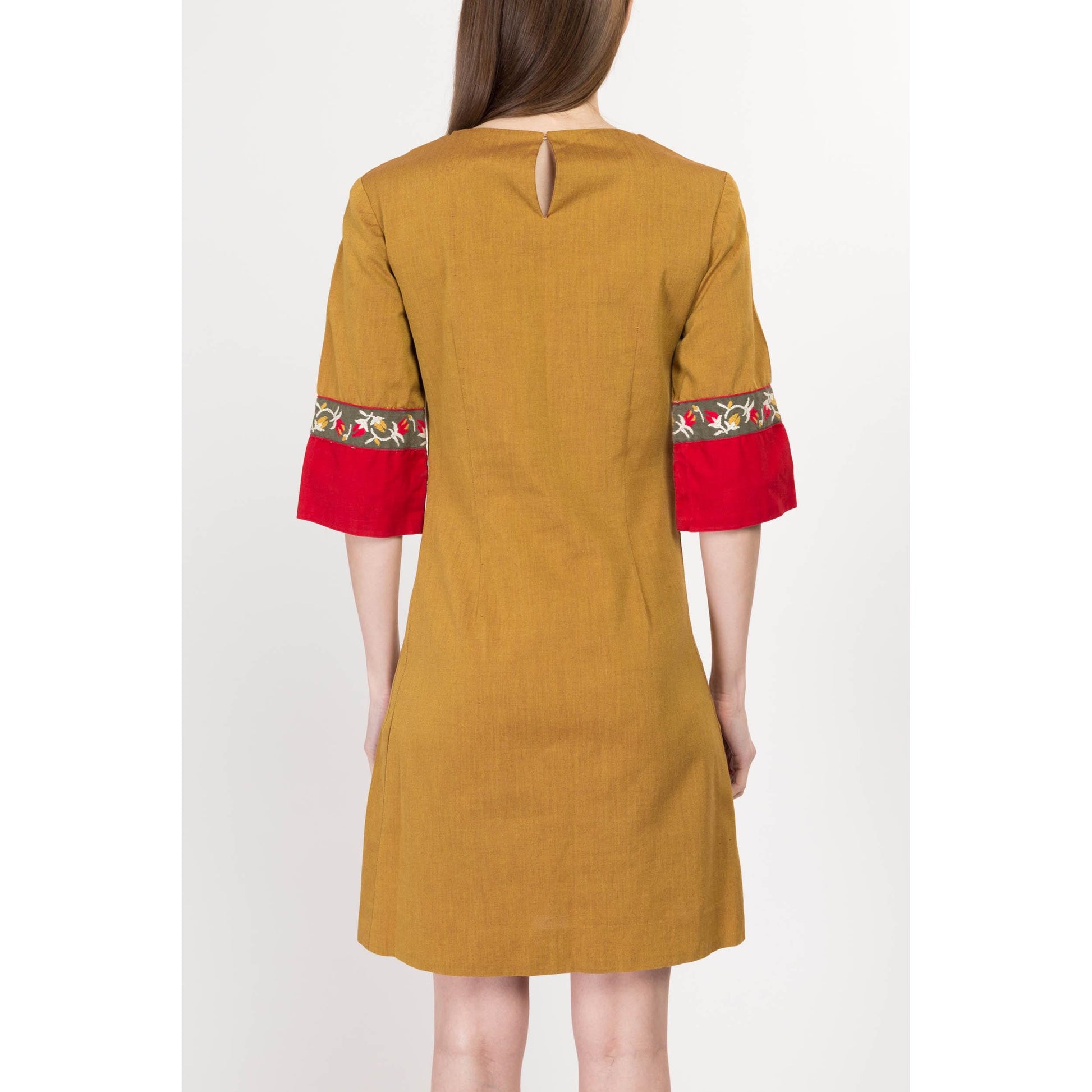 XS 60s Ochre Bell Sleeve Hippie Mini Dress | Boho Vintage Half Sleeve Shift Dress