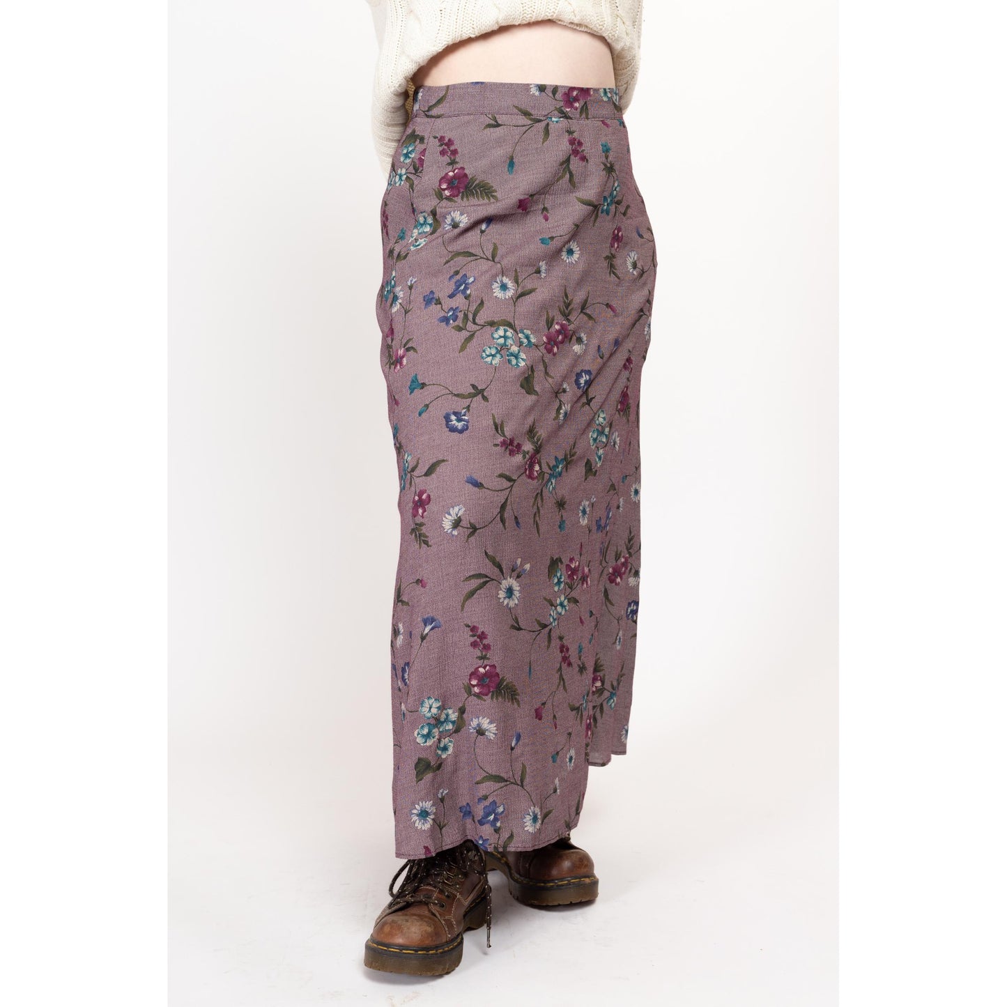 Large 90s Purple Painted Floral Maxi Skirt 33" | Vintage Grunge A Line Ankle Length Skirt