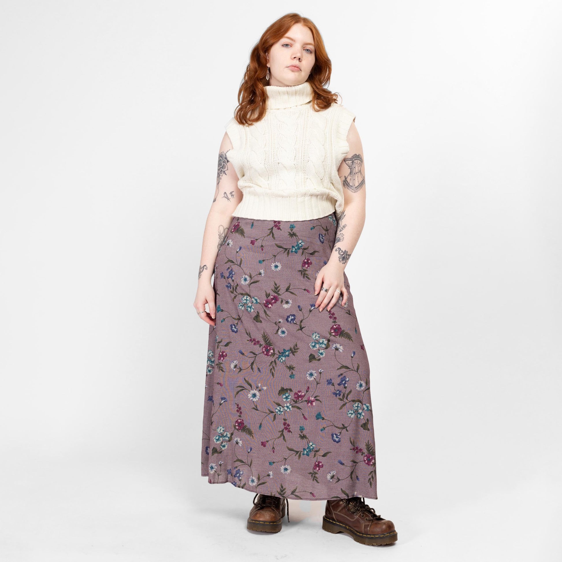 Large 90s Purple Painted Floral Maxi Skirt 33" | Vintage Grunge A Line Ankle Length Skirt