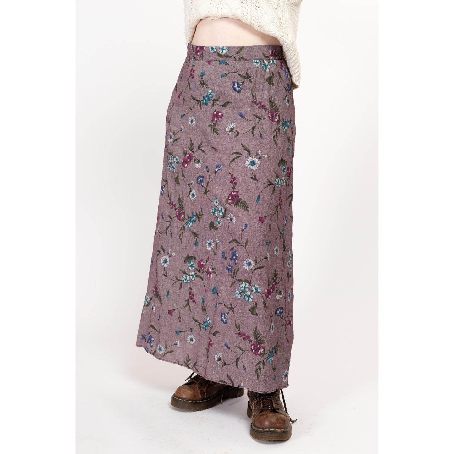 Large 90s Purple Painted Floral Maxi Skirt 33" | Vintage Grunge A Line Ankle Length Skirt