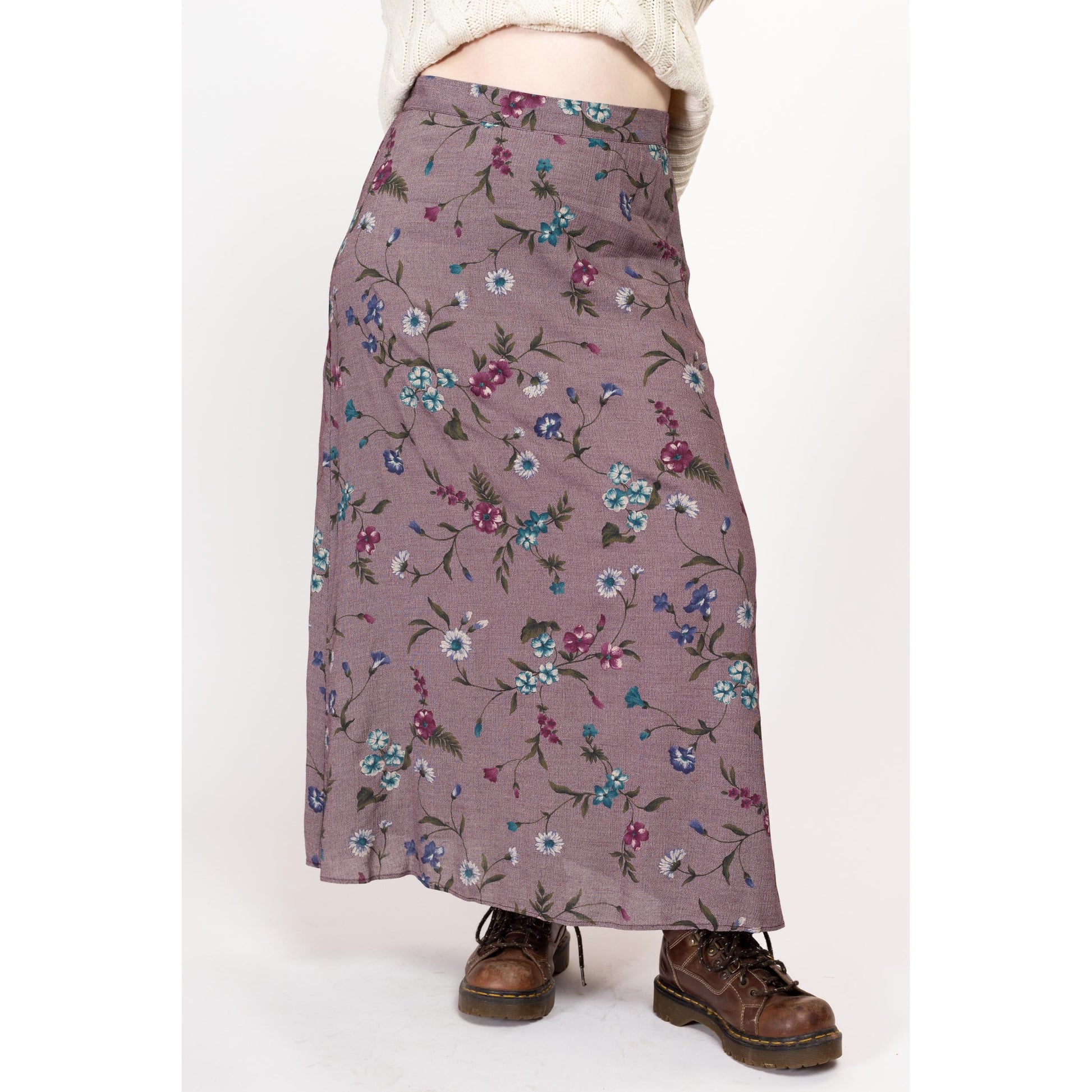 Large 90s Purple Painted Floral Maxi Skirt 33" | Vintage Grunge A Line Ankle Length Skirt