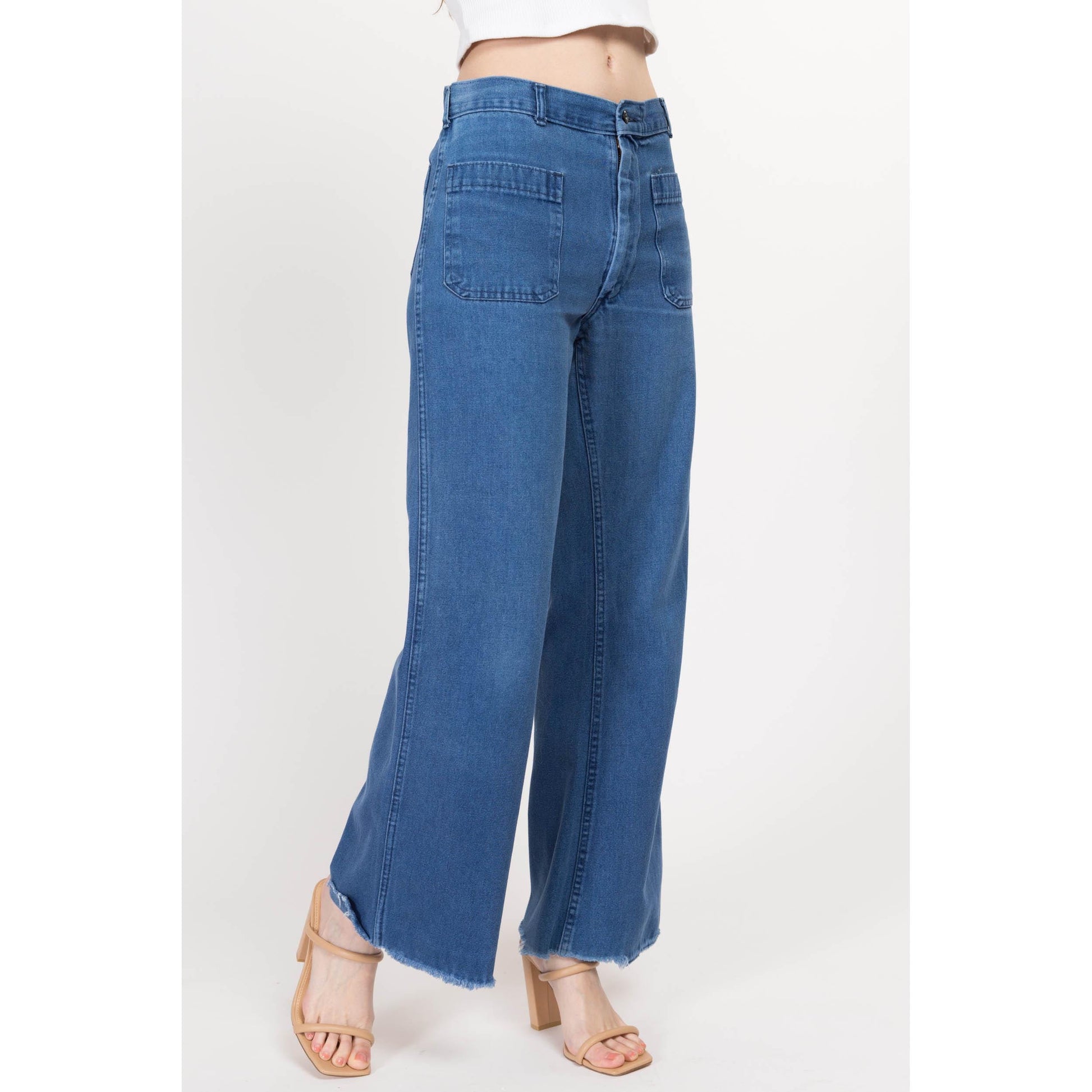 Sm-Med Vintage Chambray Unisex Bell Bottom Sailor Jeans 30R | 90s Does 70s Military Issue Mid Rise Boho Flared Leg Denim Pants