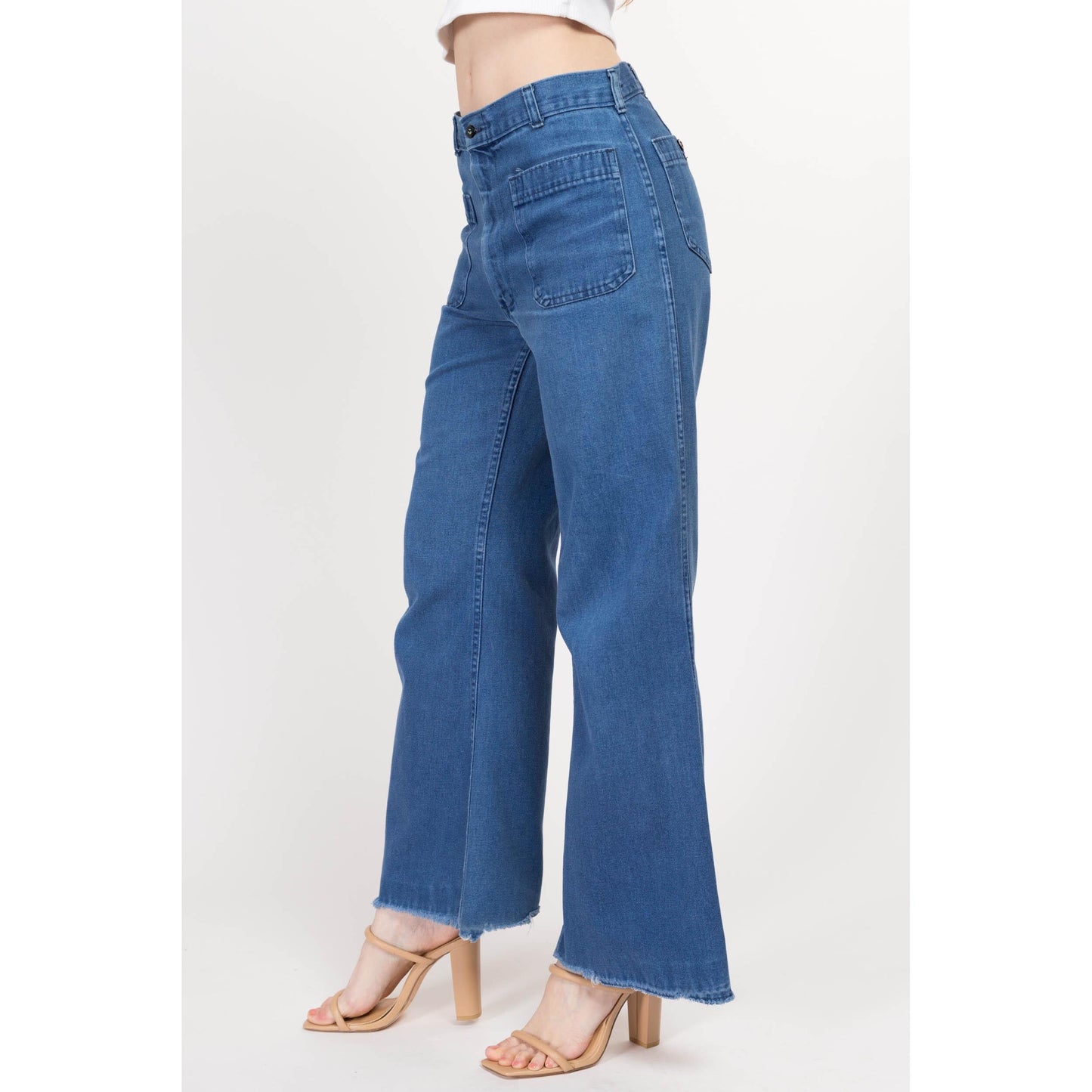 Sm-Med Vintage Chambray Unisex Bell Bottom Sailor Jeans 30R | 90s Does 70s Military Issue Mid Rise Boho Flared Leg Denim Pants