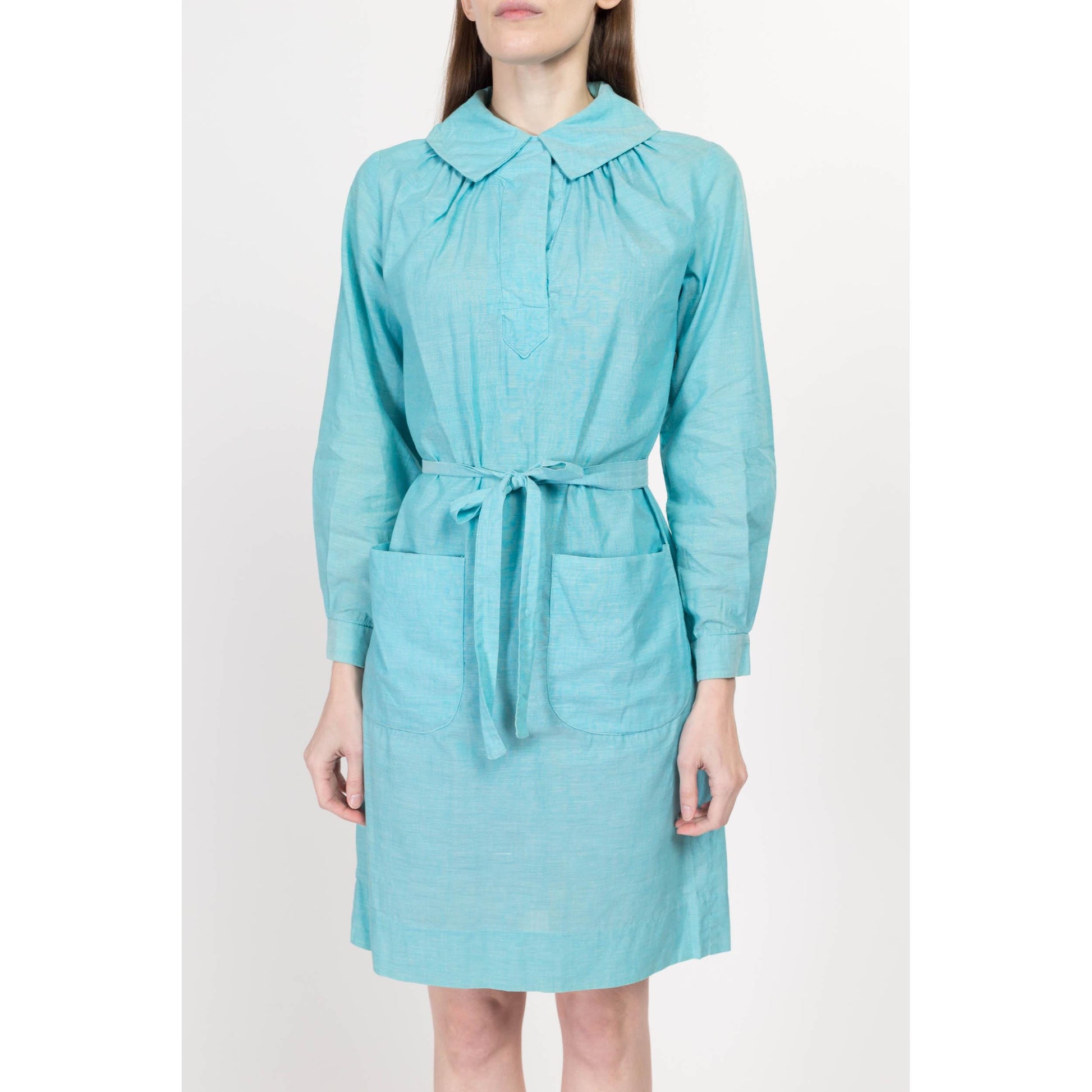 XS-Sm 60s Sky Blue Belted Mini Smock Dress | Vintage Long Sleeve Collared Pocket Dress