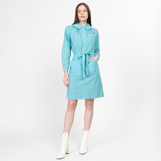 XS-Sm 60s Sky Blue Belted Mini Smock Dress | Vintage Long Sleeve Collared Pocket Dress