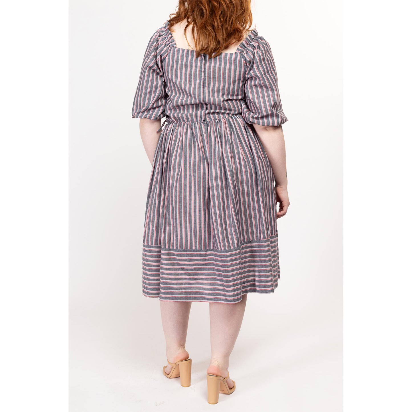 Large 70s 80s Boho Grey Striped Puff Sleeve Fit & Flare Dress | Vintage Square Neck Half Sleeve Casual Midi Shirtdress