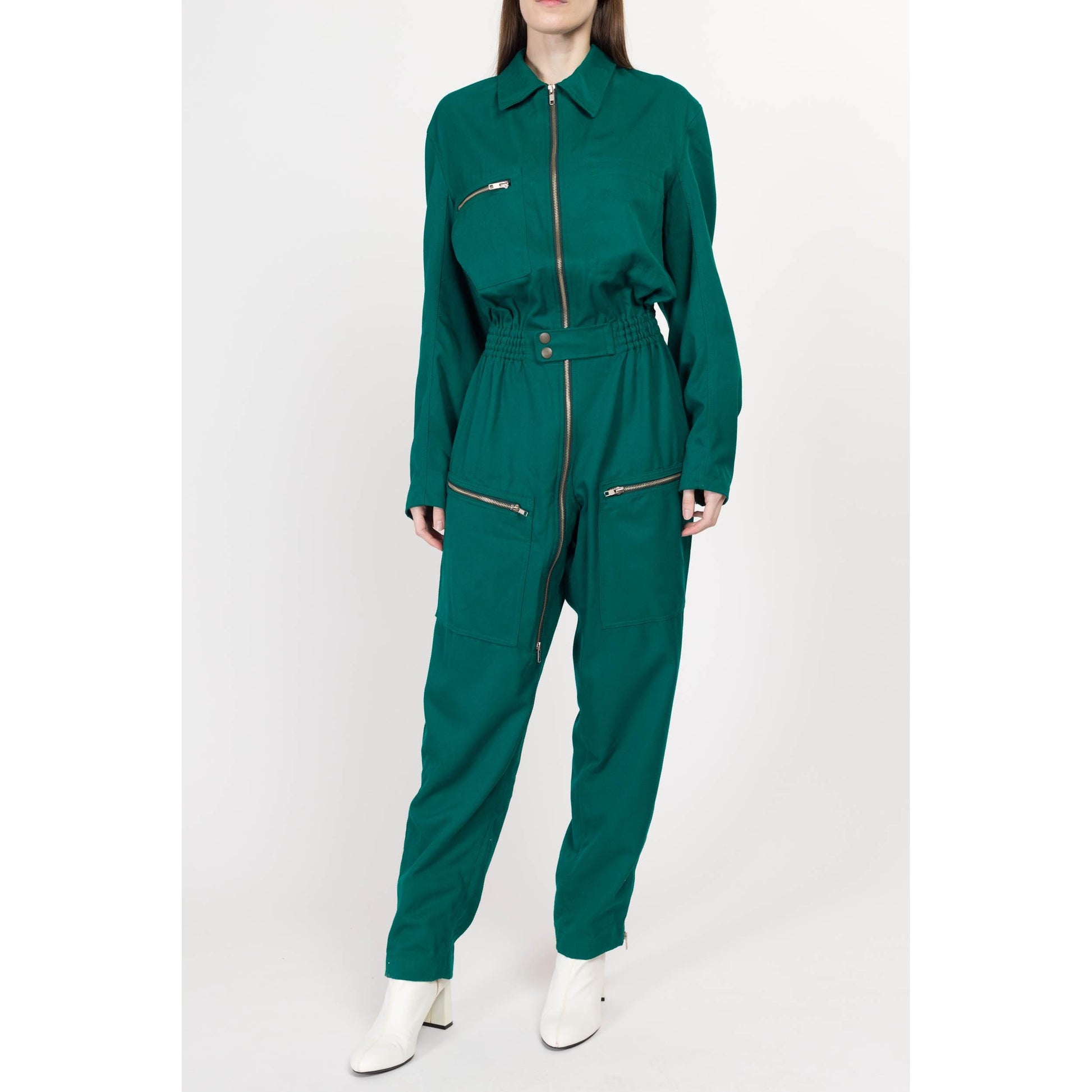 Medium 90s Emerald Green Coverall Jumpsuit | Vintage Elastic Waist Boilersuit Long Sleeve Workwear Pantsuit