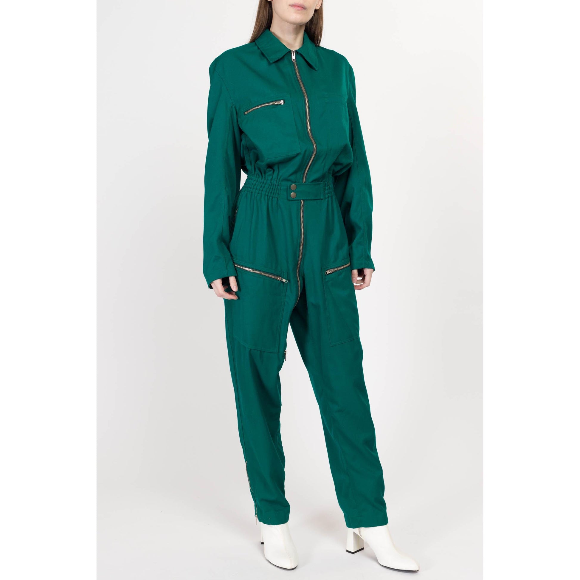 Medium 90s Emerald Green Coverall Jumpsuit | Vintage Elastic Waist Boilersuit Long Sleeve Workwear Pantsuit