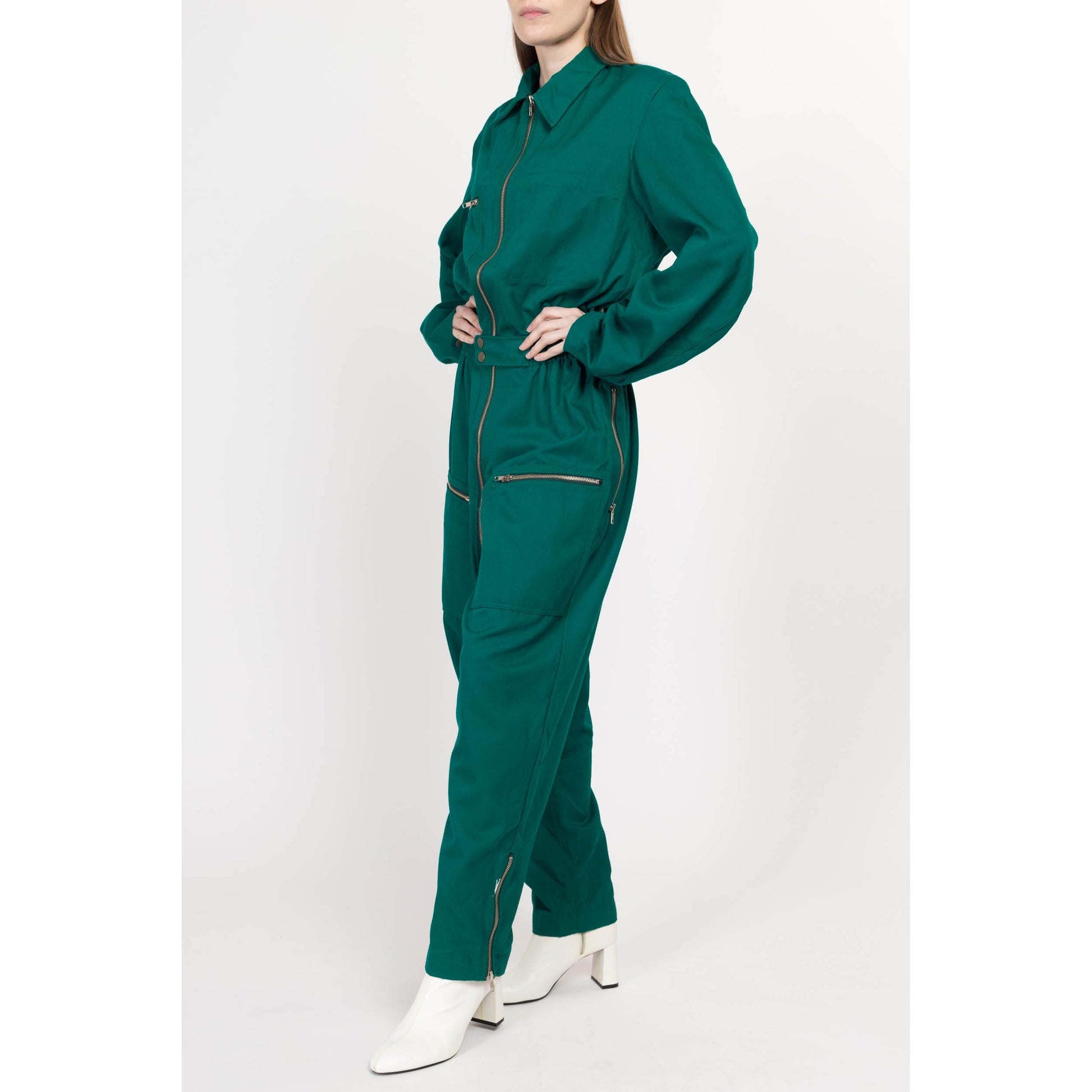 Medium 90s Emerald Green Coverall Jumpsuit | Vintage Elastic Waist Boilersuit Long Sleeve Workwear Pantsuit