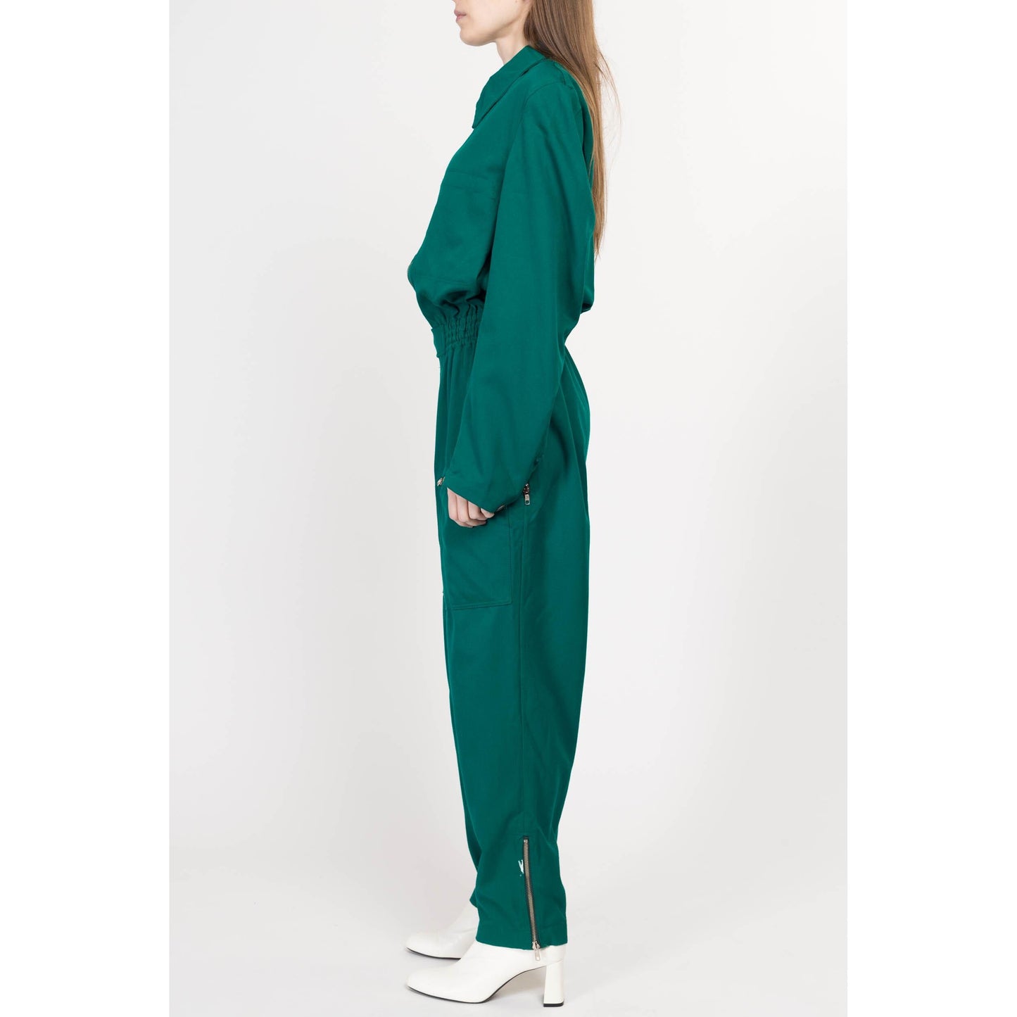 Medium 90s Emerald Green Coverall Jumpsuit | Vintage Elastic Waist Boilersuit Long Sleeve Workwear Pantsuit