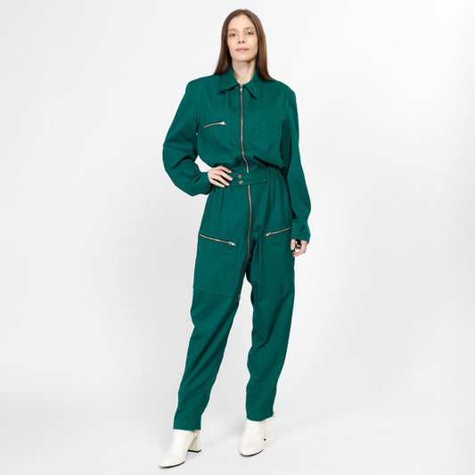 Medium 90s Emerald Green Coverall Jumpsuit | Vintage Elastic Waist Boilersuit Long Sleeve Workwear Pantsuit