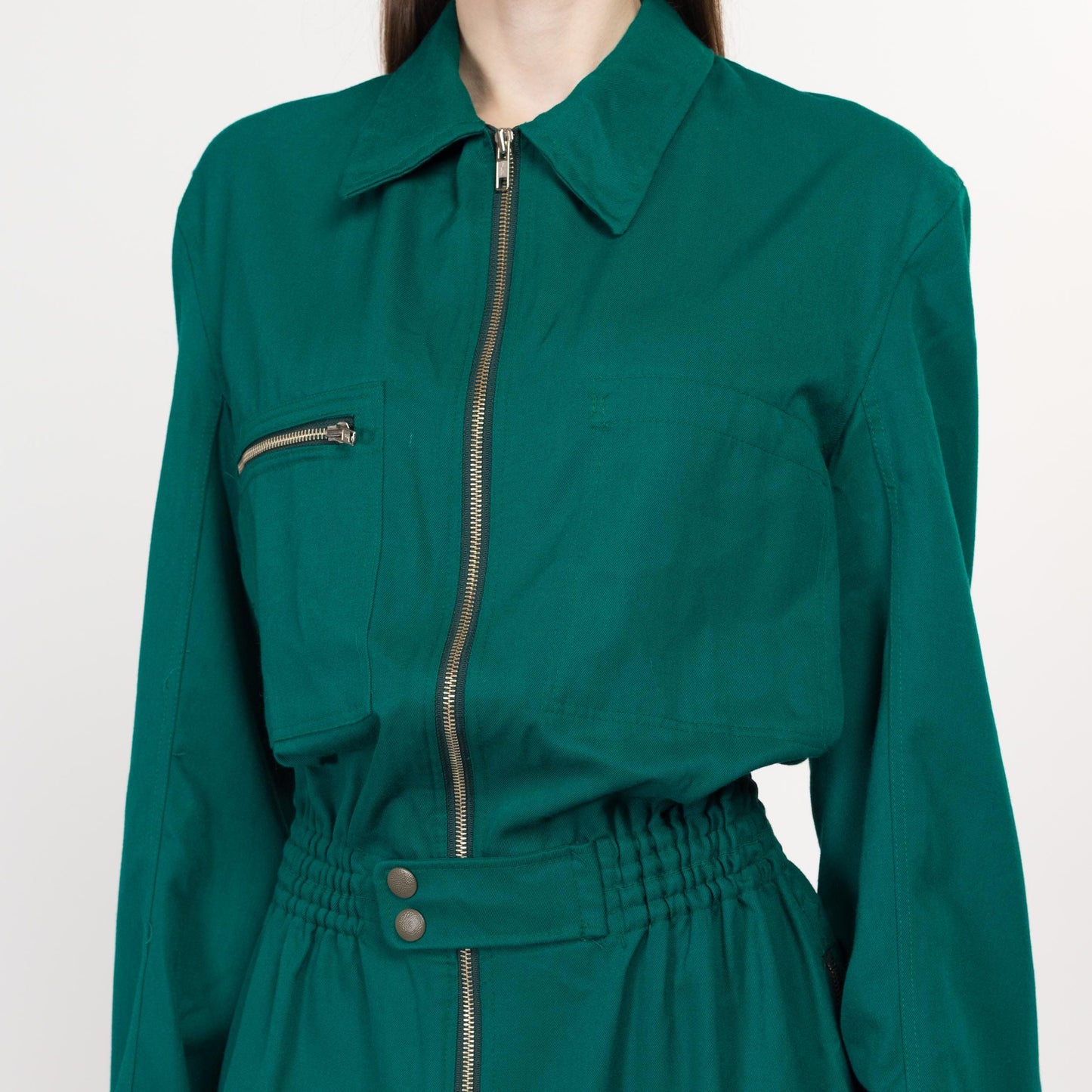 Medium 90s Emerald Green Coverall Jumpsuit | Vintage Elastic Waist Boilersuit Long Sleeve Workwear Pantsuit