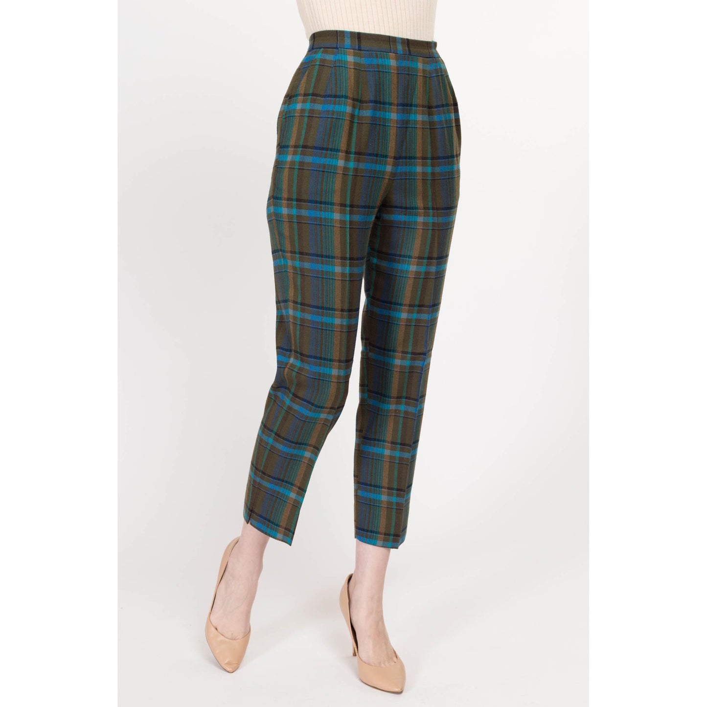 XS 40s 50s Jantzen Plaid Wool Side Zip Cigarette Pants 25" | Retro Vintage Green Blue Tapered Leg High Waisted Trousers