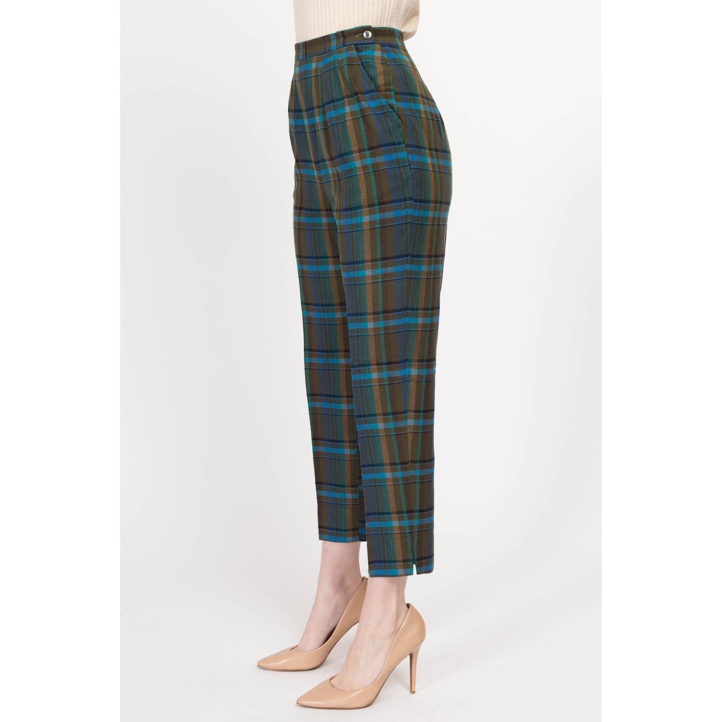 XS 40s 50s Jantzen Plaid Wool Side Zip Cigarette Pants 25" | Retro Vintage Green Blue Tapered Leg High Waisted Trousers