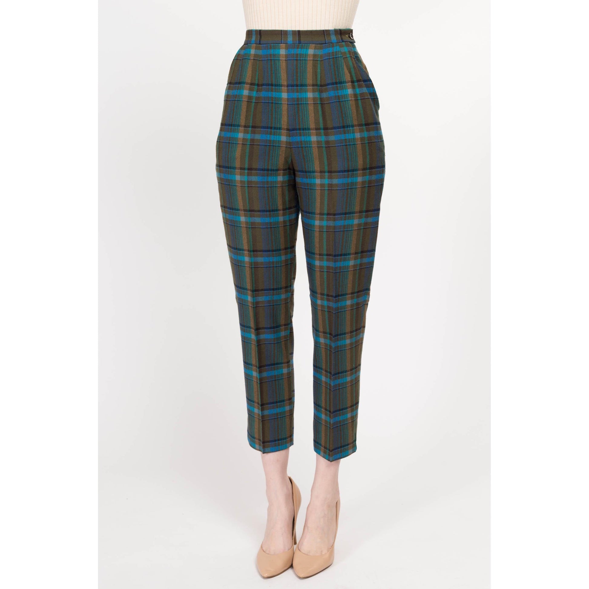 XS 40s 50s Jantzen Plaid Wool Side Zip Cigarette Pants 25" | Retro Vintage Green Blue Tapered Leg High Waisted Trousers