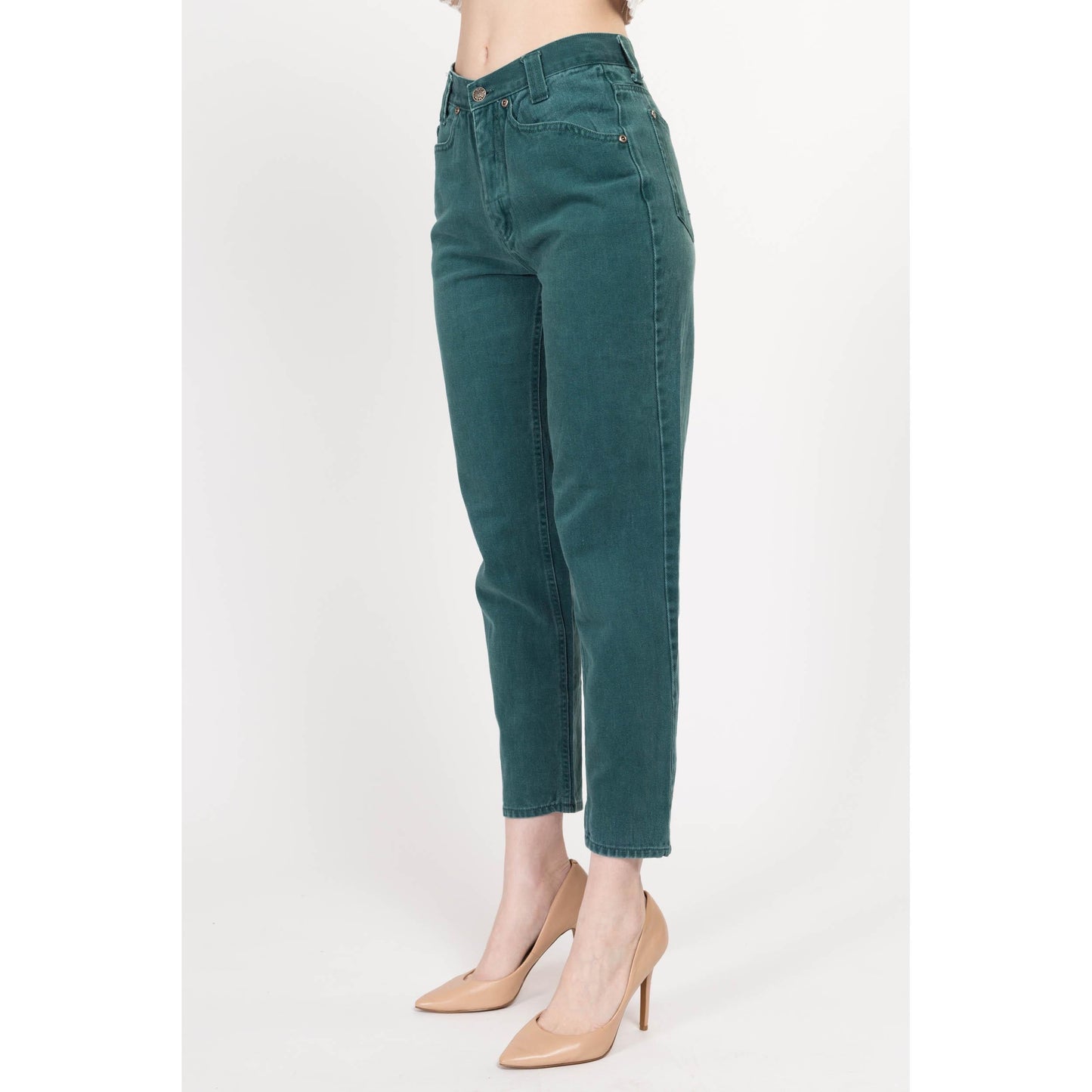 XS-Sm 90s Emerald Green Soft Mid Rise Jeans 26" | Vintage Short Inseam Denim Petite Tapered Leg Mom Jeans