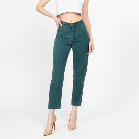 XS-Sm 90s Emerald Green Soft Mid Rise Jeans 26" | Vintage Short Inseam Denim Petite Tapered Leg Mom Jeans