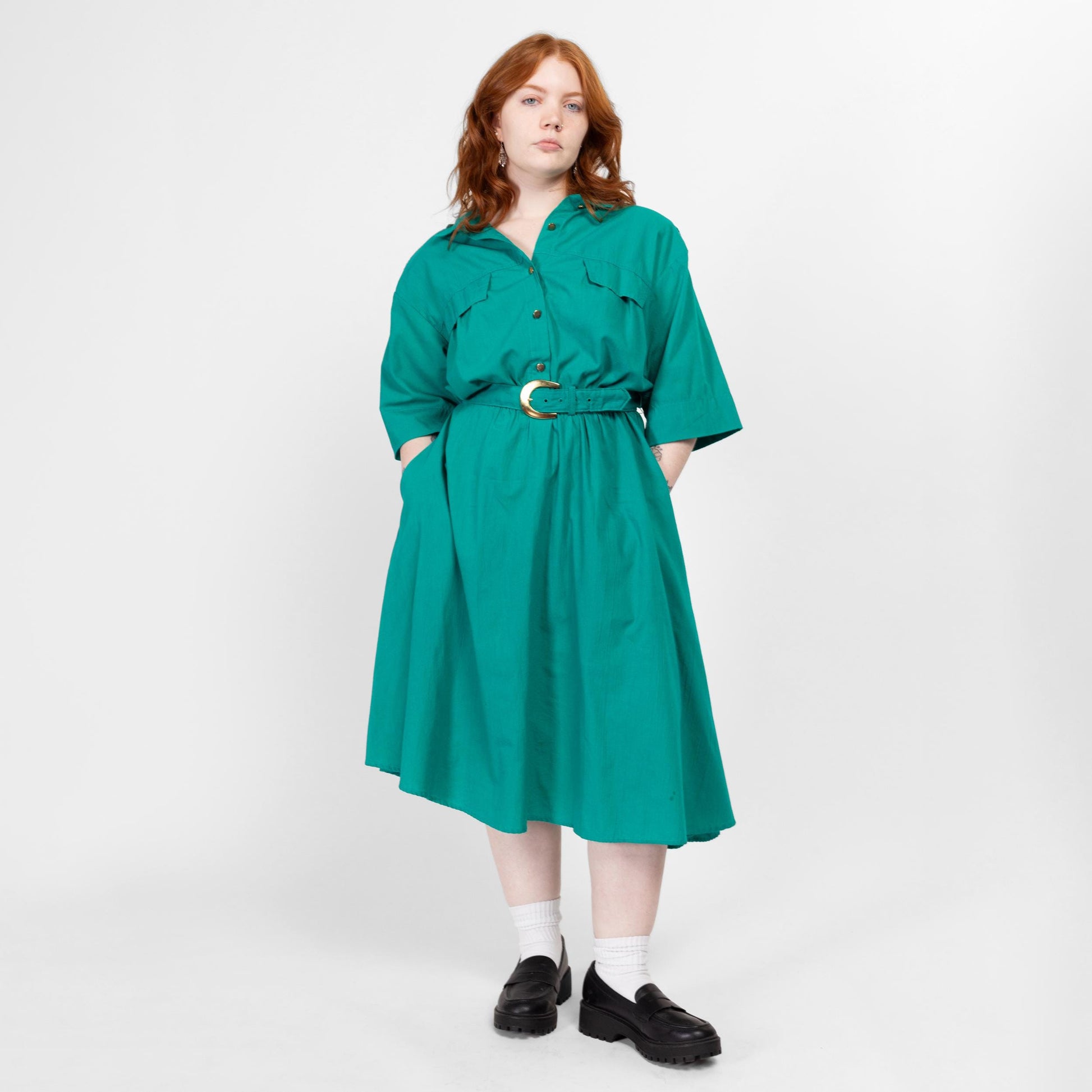 XL 90s Turquoise Belted Lightweight Midi Shirtdress | Vintage Button Up Collared 3/4 Sleeve Fit & Flare Dress