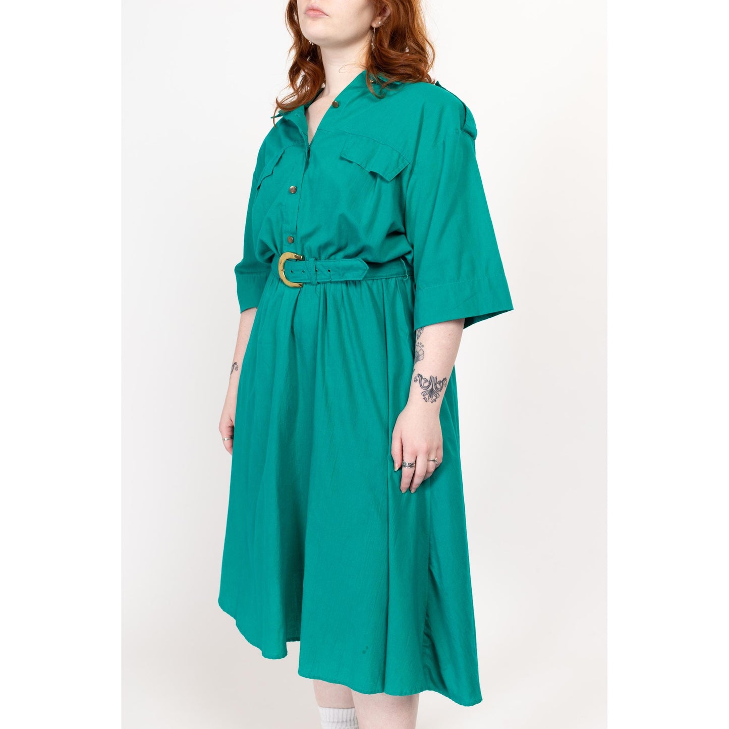 XL 90s Turquoise Belted Lightweight Midi Shirtdress | Vintage Button Up Collared 3/4 Sleeve Fit & Flare Dress